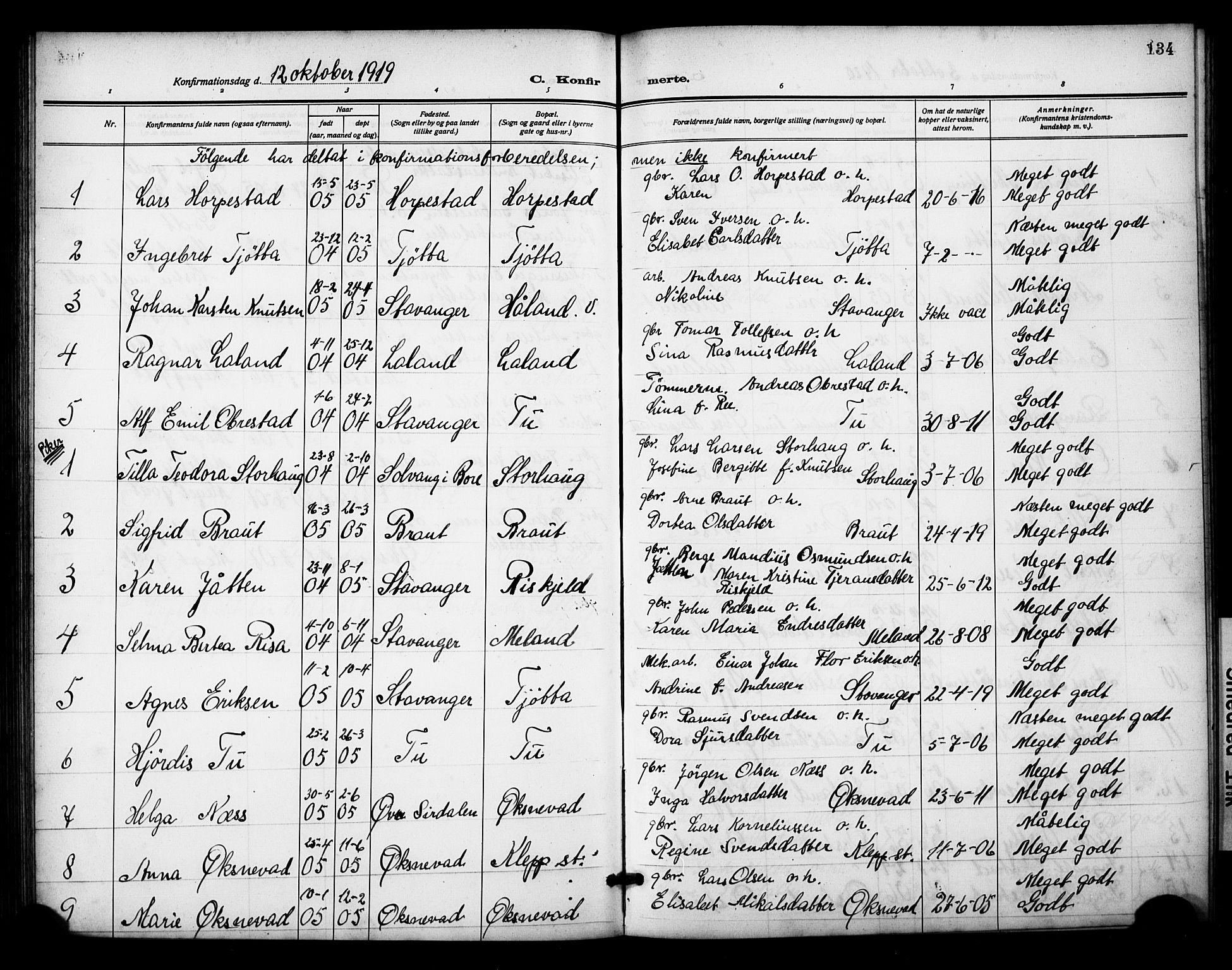 Klepp sokneprestkontor, AV/SAST-A-101803/001/30/300BB/L0007: Parish register (copy) no. B 7, 1908-1934, p. 134