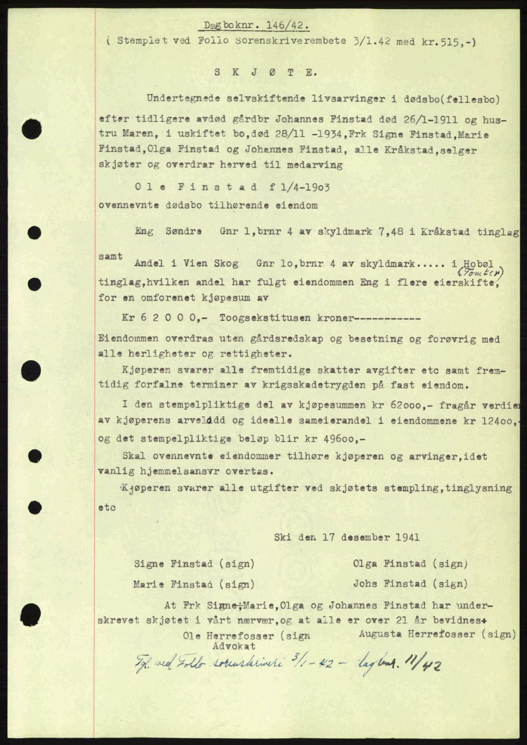 Moss sorenskriveri, SAO/A-10168: Mortgage book no. A9, 1941-1942, Diary no: : 146/1942