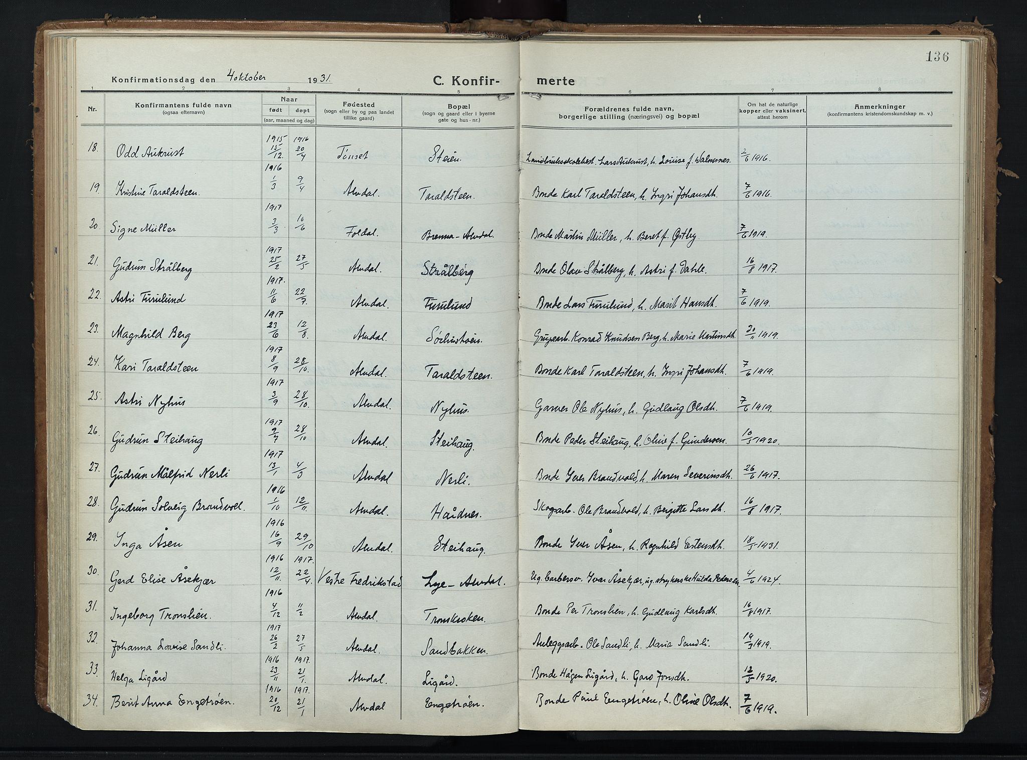 Alvdal prestekontor, AV/SAH-PREST-060/H/Ha/Haa/L0006: Parish register (official) no. 6, 1920-1937, p. 136