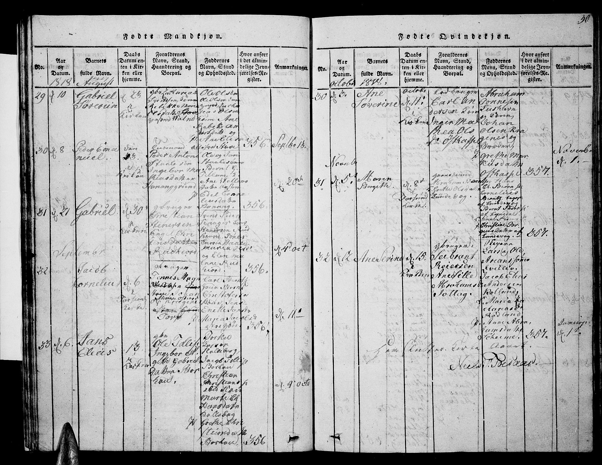Lista sokneprestkontor, SAK/1111-0027/F/Fb/L0001: Parish register (copy) no. B 1, 1816-1832, p. 30