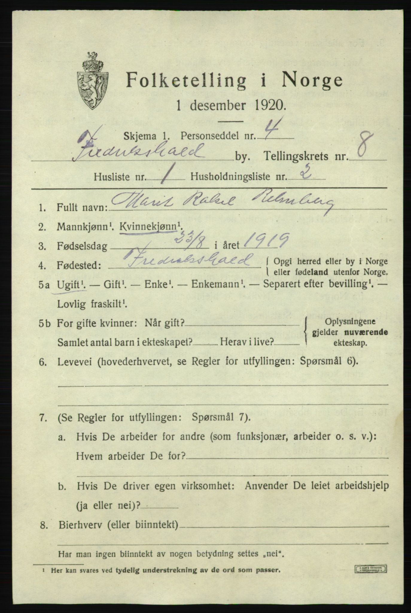 SAO, 1920 census for Fredrikshald, 1920, p. 14615