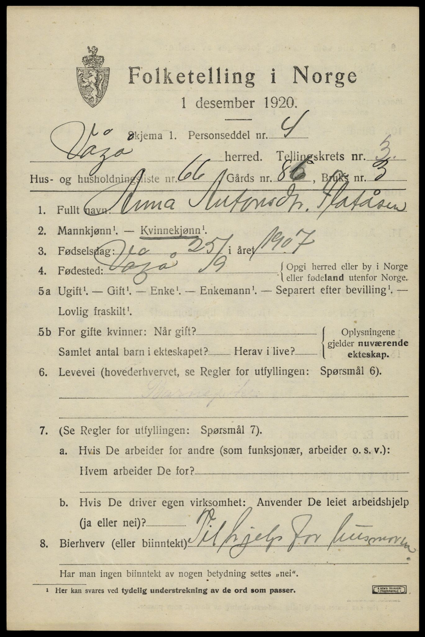 SAH, 1920 census for Vågå, 1920, p. 3384