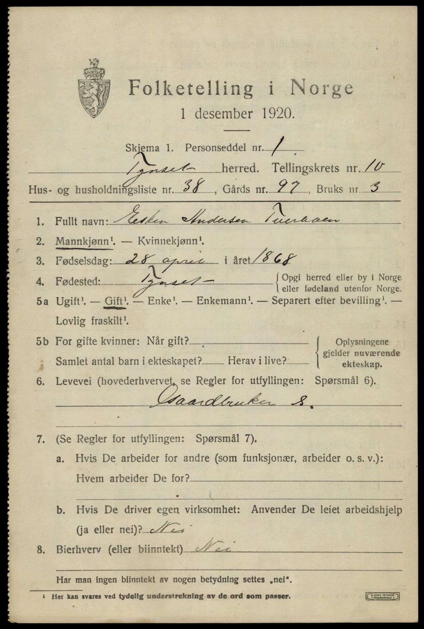 SAH, 1920 census for Tynset, 1920, p. 8012