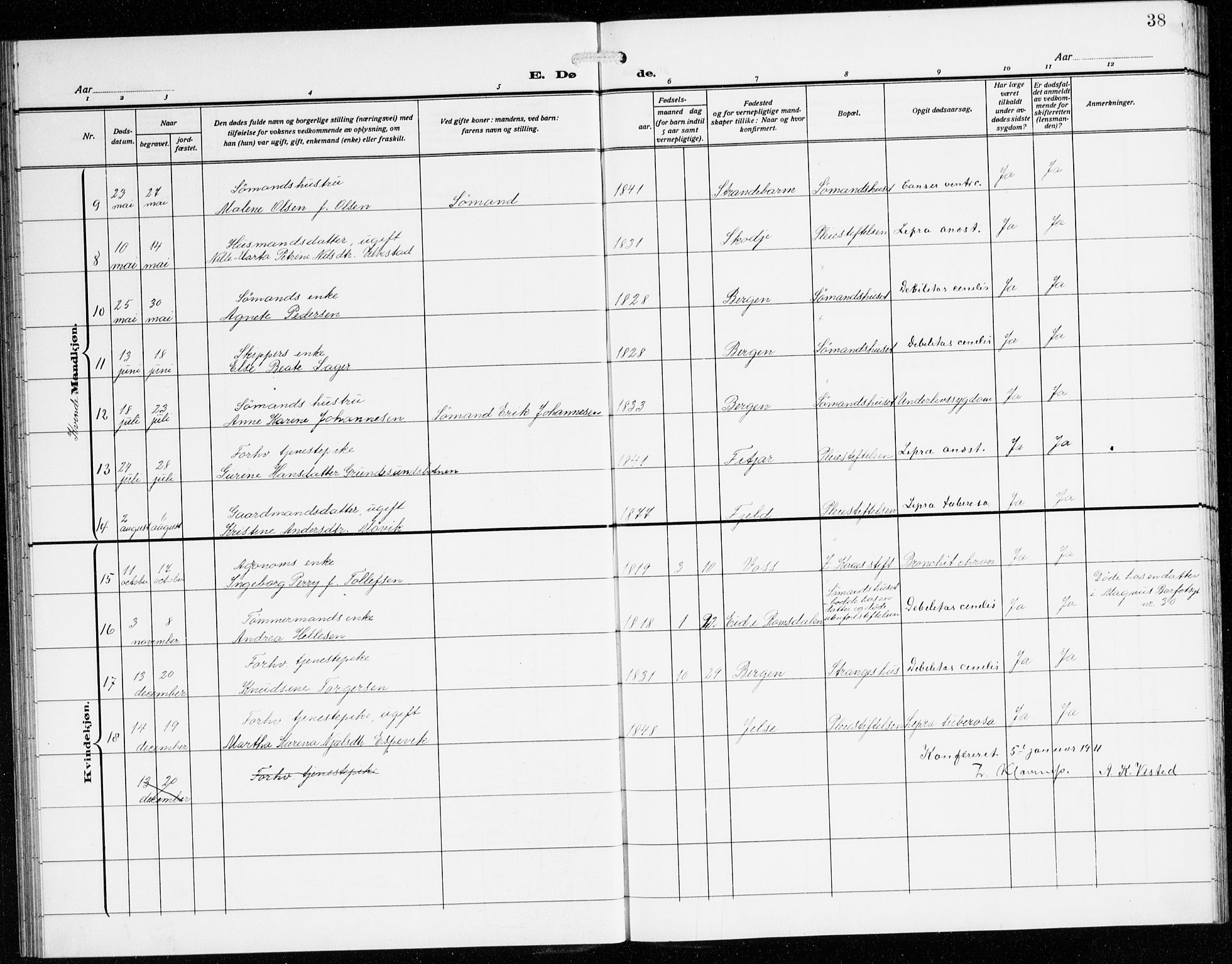 St. Jørgens hospital og Årstad sokneprestembete, AV/SAB-A-99934: Parish register (copy) no. A 11, 1909-1935, p. 38