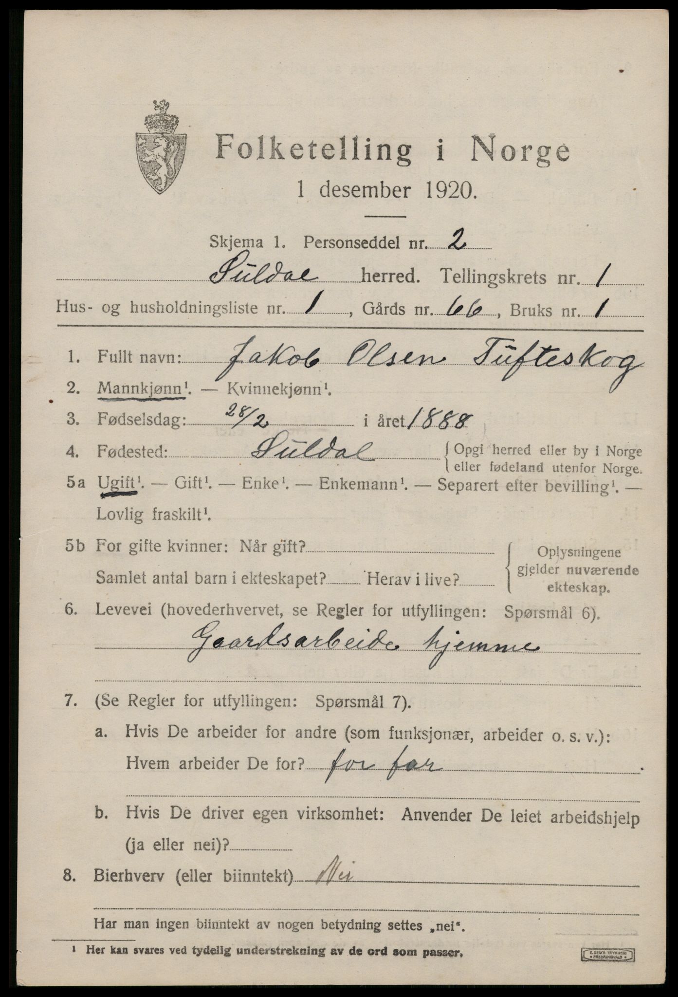 SAST, 1920 census for Suldal, 1920, p. 696