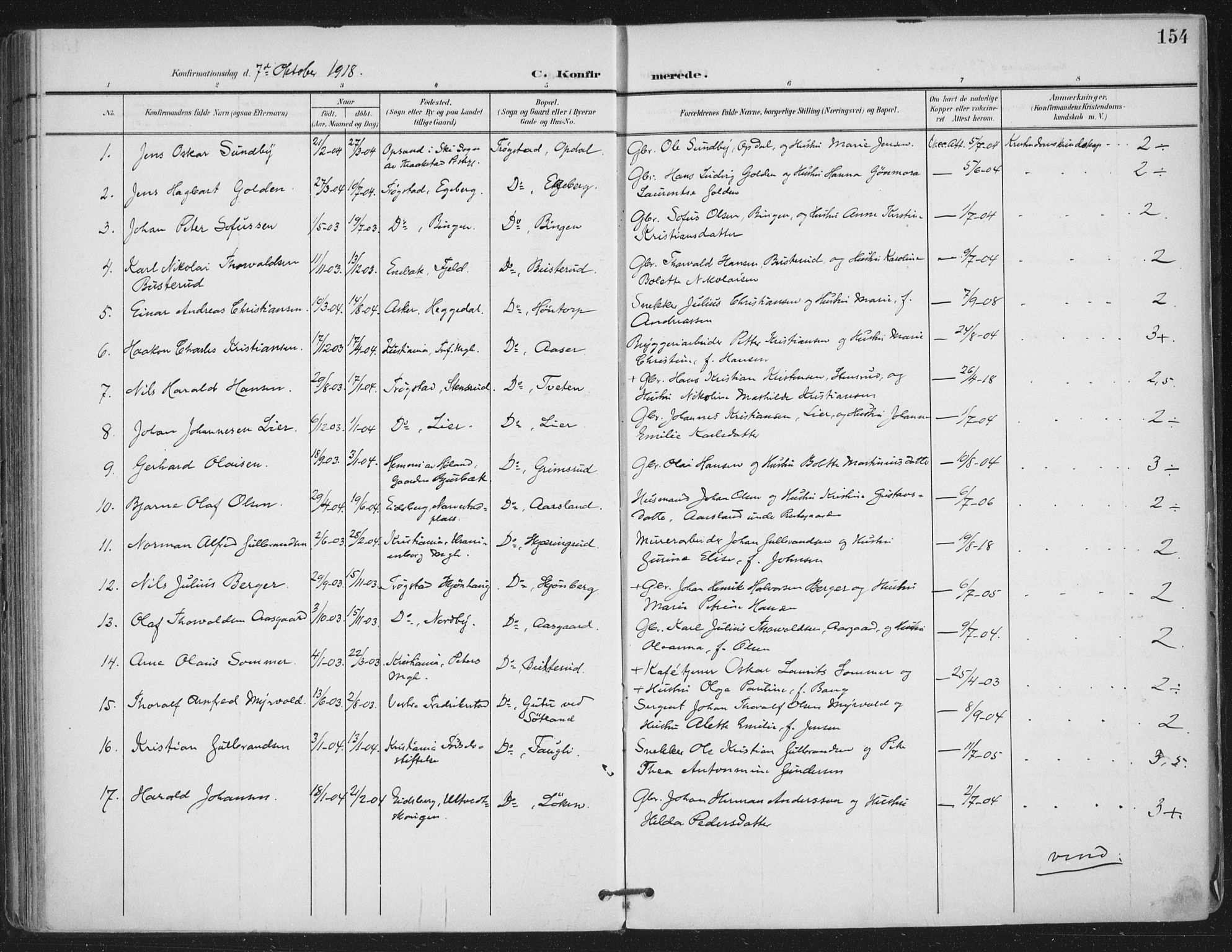 Trøgstad prestekontor Kirkebøker, SAO/A-10925/F/Fa/L0011: Parish register (official) no. I 11, 1899-1919, p. 154