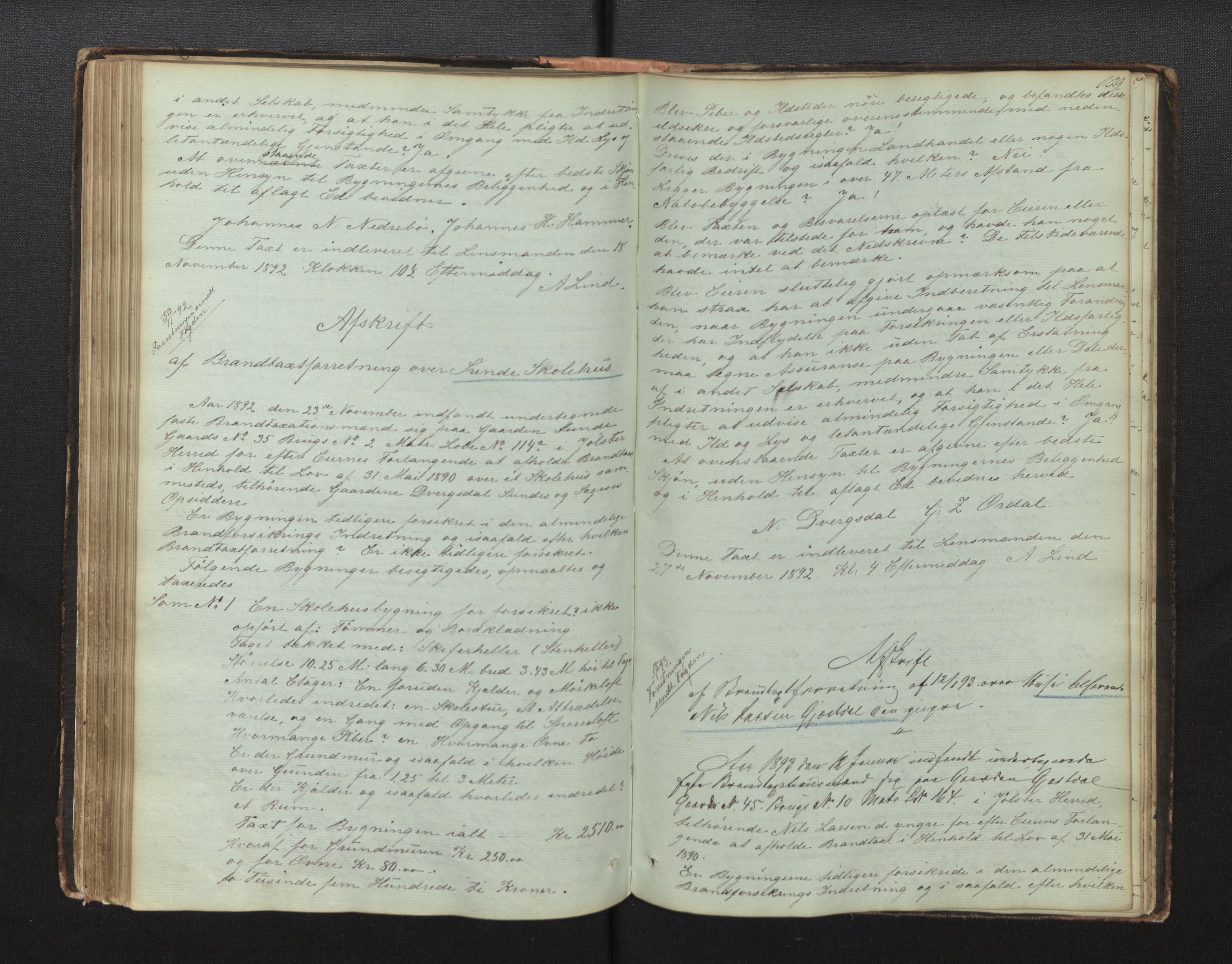 Lensmannen i Jølster, AV/SAB-A-28701/0012/L0001: Branntakstprotokoll, 1850-1910, p. 108b-109a