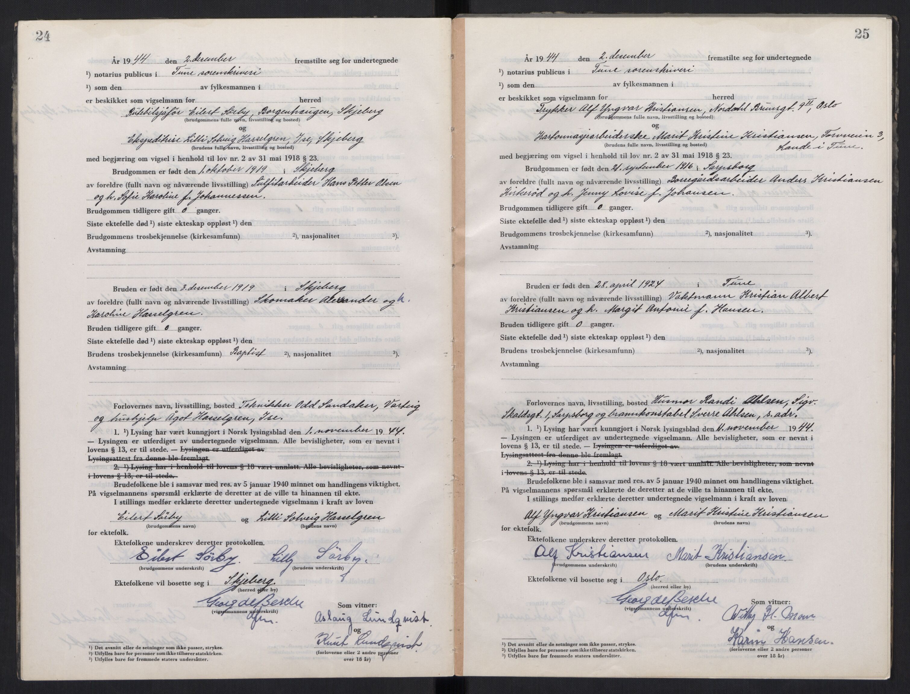 Tune sorenskriveri, AV/SAO-A-10470/L/Lb/L0003: Vigselprotokoll, 1944-1951, p. 24-25