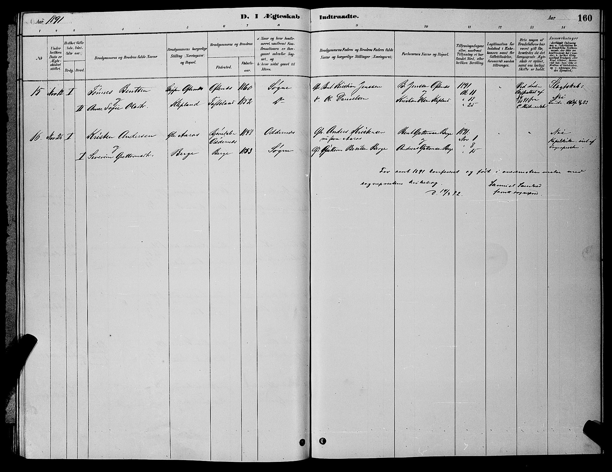 Søgne sokneprestkontor, SAK/1111-0037/F/Fb/Fbb/L0005: Parish register (copy) no. B 5, 1884-1891, p. 160