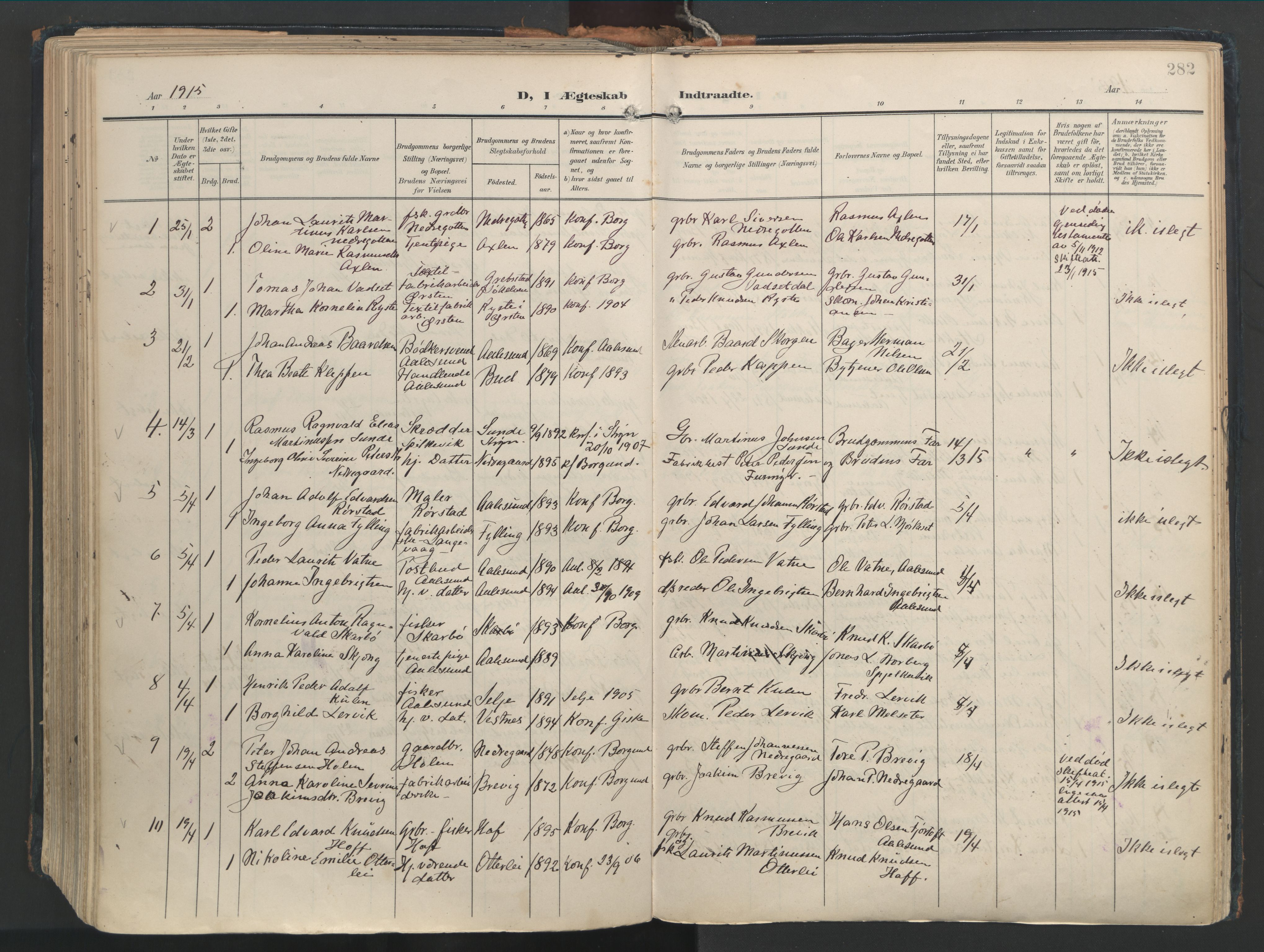 Ministerialprotokoller, klokkerbøker og fødselsregistre - Møre og Romsdal, SAT/A-1454/528/L0411: Parish register (official) no. 528A20, 1907-1920, p. 282