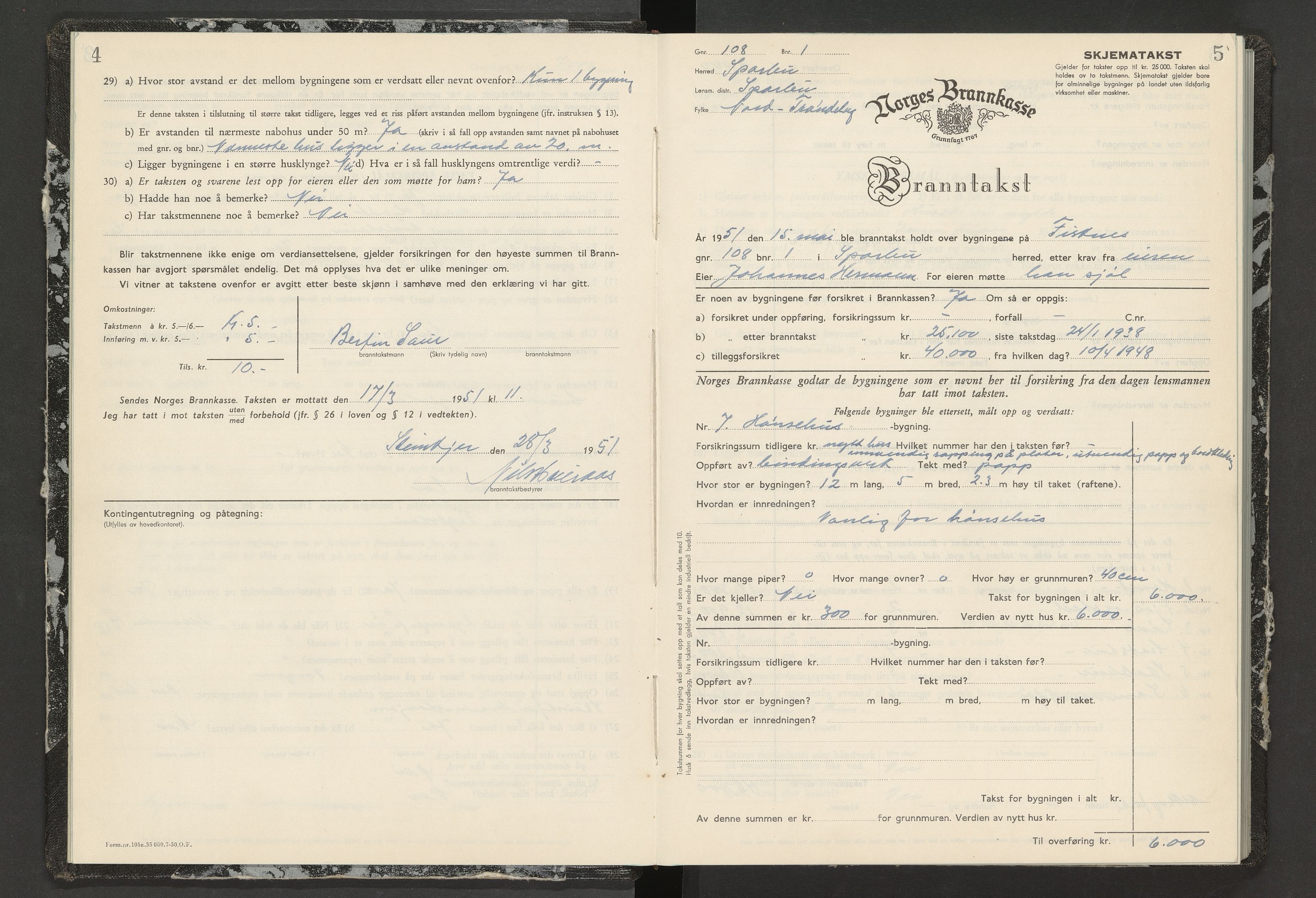 Norges Brannkasse Sparbu, AV/SAT-A-5550/Fb/L0004: Branntakstprotokoll, 1951-1956