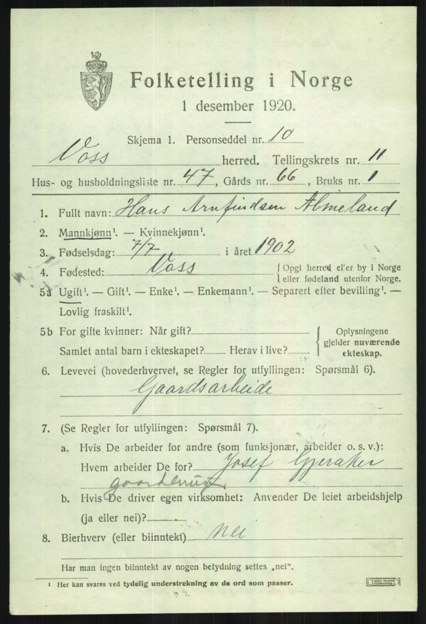 SAB, 1920 census for Voss, 1920, p. 10615
