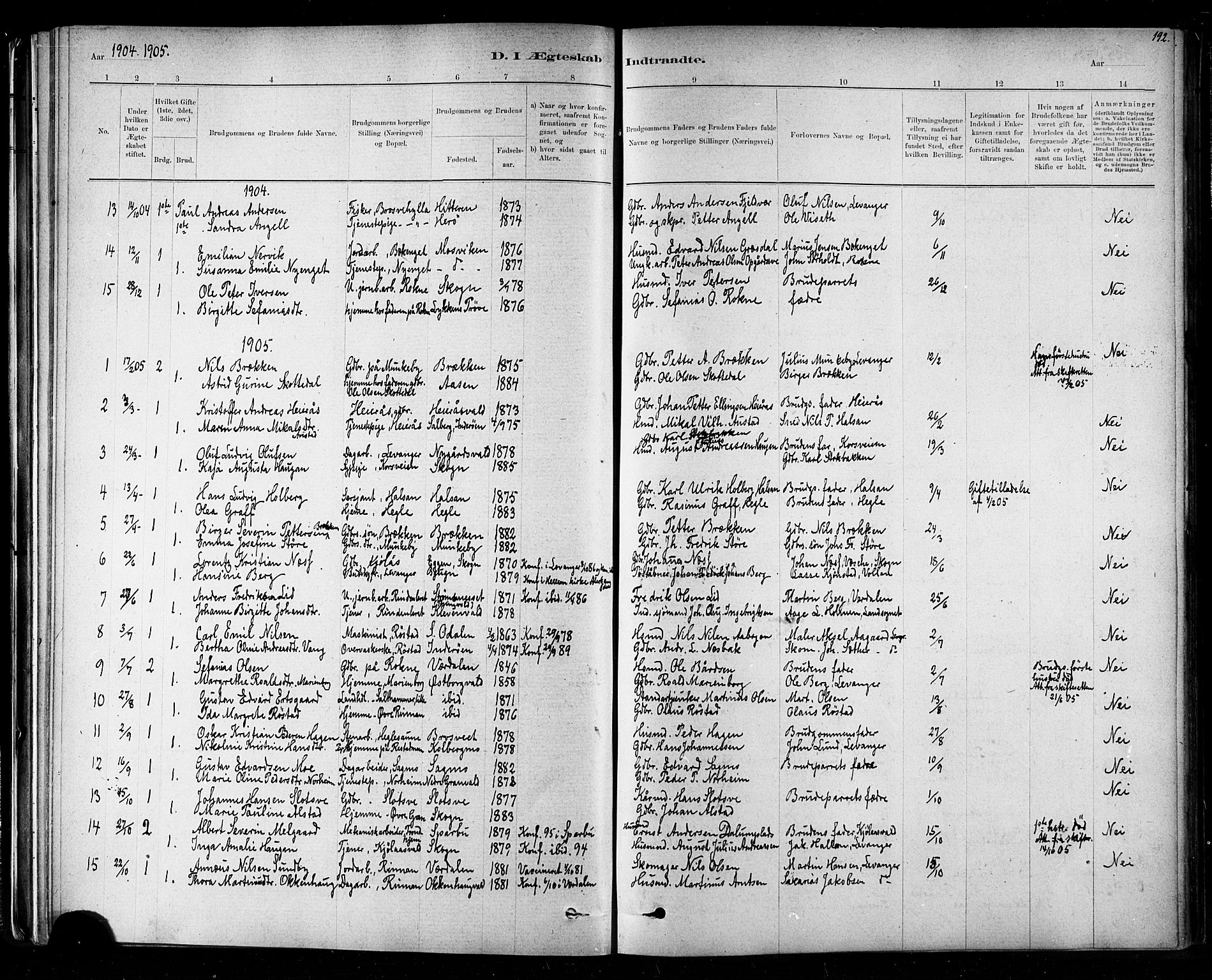 Ministerialprotokoller, klokkerbøker og fødselsregistre - Nord-Trøndelag, SAT/A-1458/721/L0208: Parish register (copy) no. 721C01, 1880-1917, p. 192
