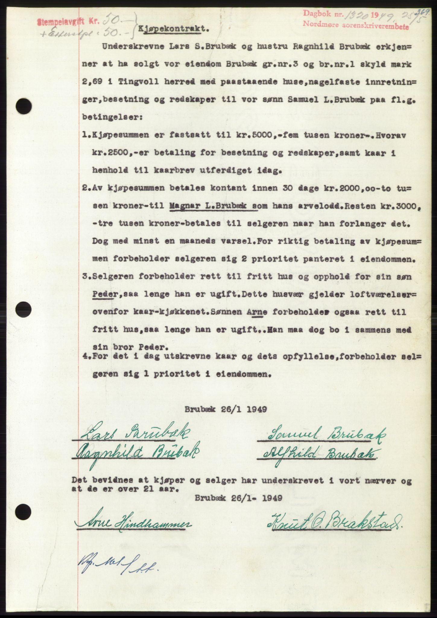 Nordmøre sorenskriveri, AV/SAT-A-4132/1/2/2Ca: Mortgage book no. B101, 1949-1949, Diary no: : 1320/1949