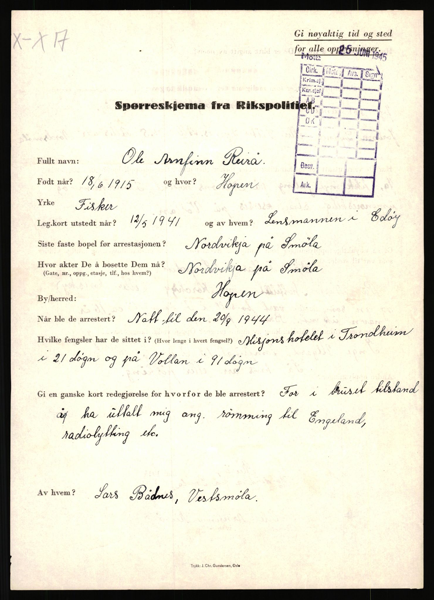 Rikspolitisjefen, AV/RA-S-1560/L/L0014: Pettersen, Aksel - Savosnick, Ernst, 1940-1945, p. 464