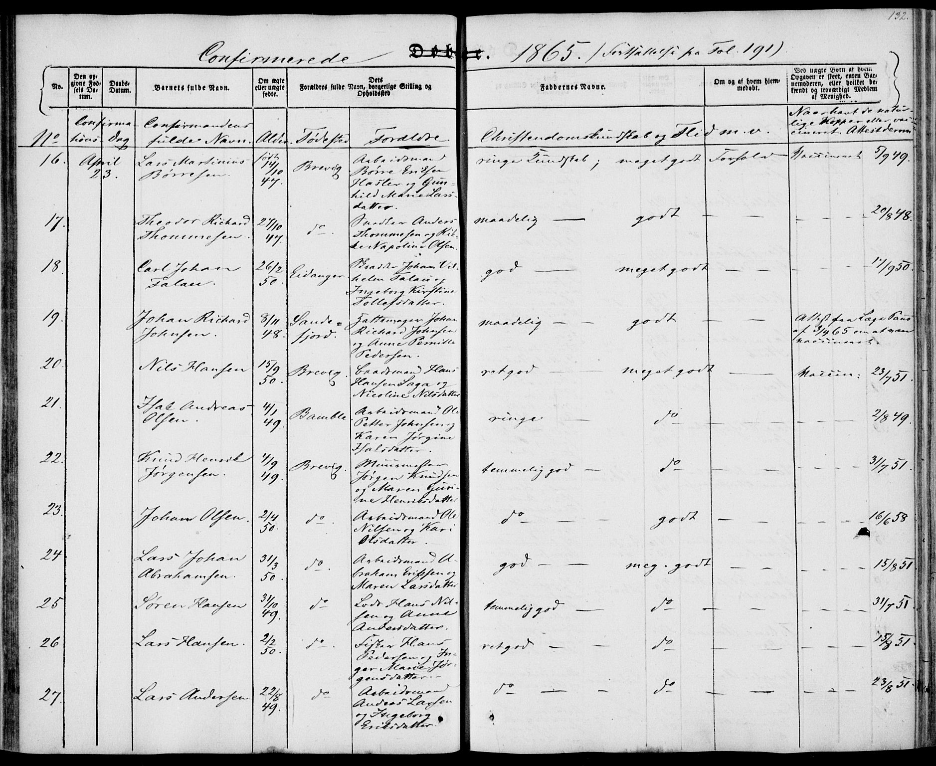 Brevik kirkebøker, SAKO/A-255/F/Fa/L0005: Parish register (official) no. 5, 1847-1865, p. 132
