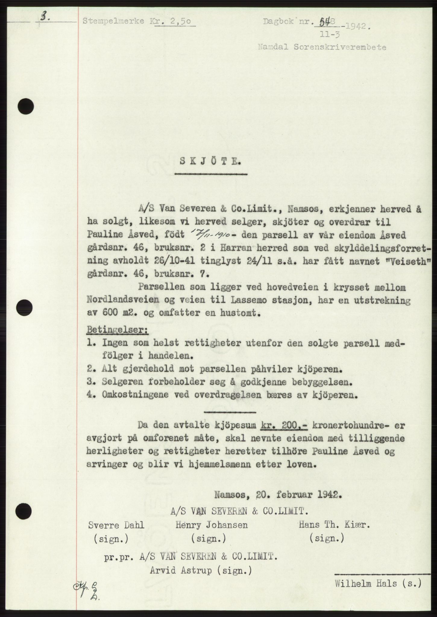 Namdal sorenskriveri, SAT/A-4133/1/2/2C: Mortgage book no. -, 1941-1942, Diary no: : 548/1942