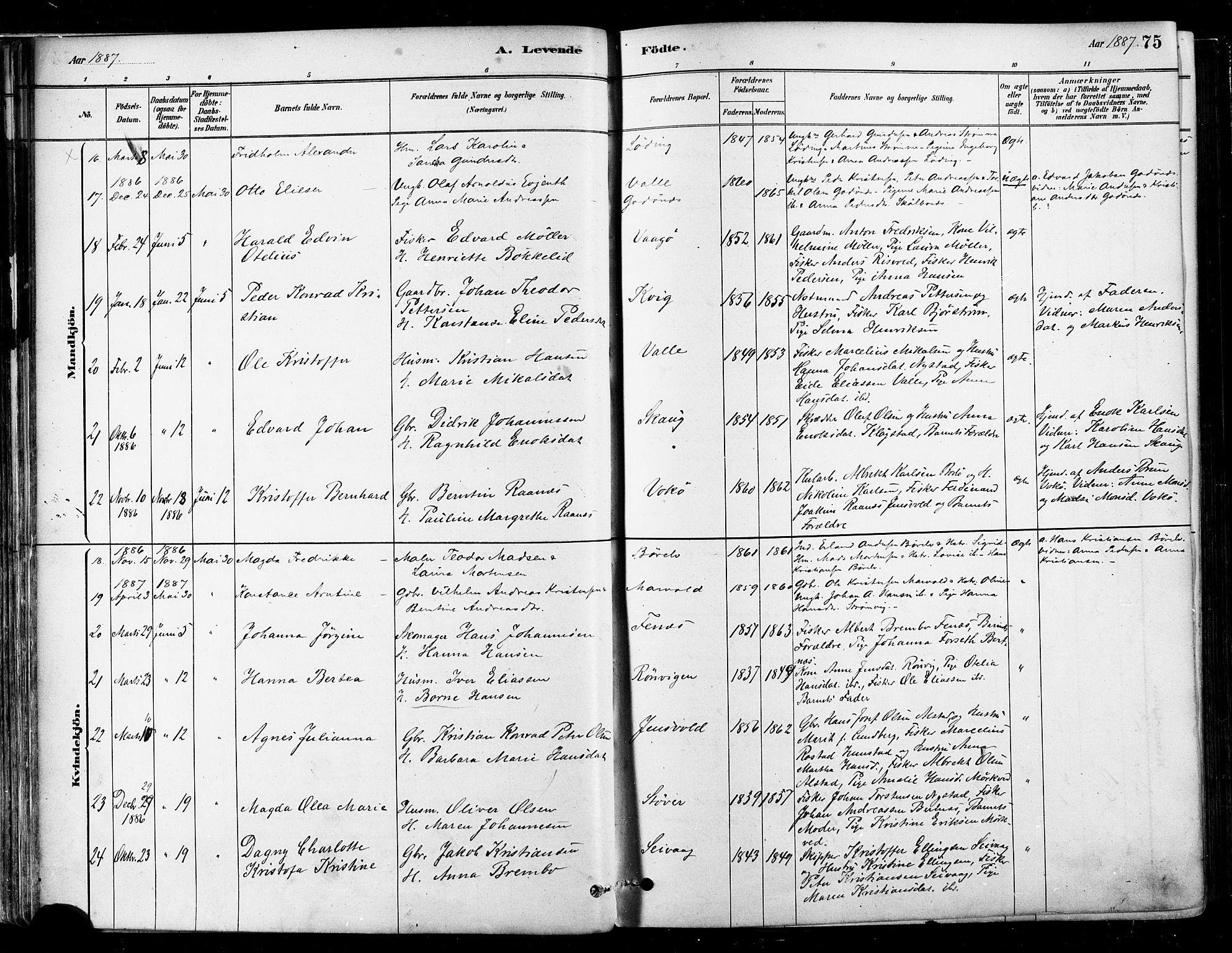 Ministerialprotokoller, klokkerbøker og fødselsregistre - Nordland, SAT/A-1459/802/L0054: Parish register (official) no. 802A01, 1879-1893, p. 75