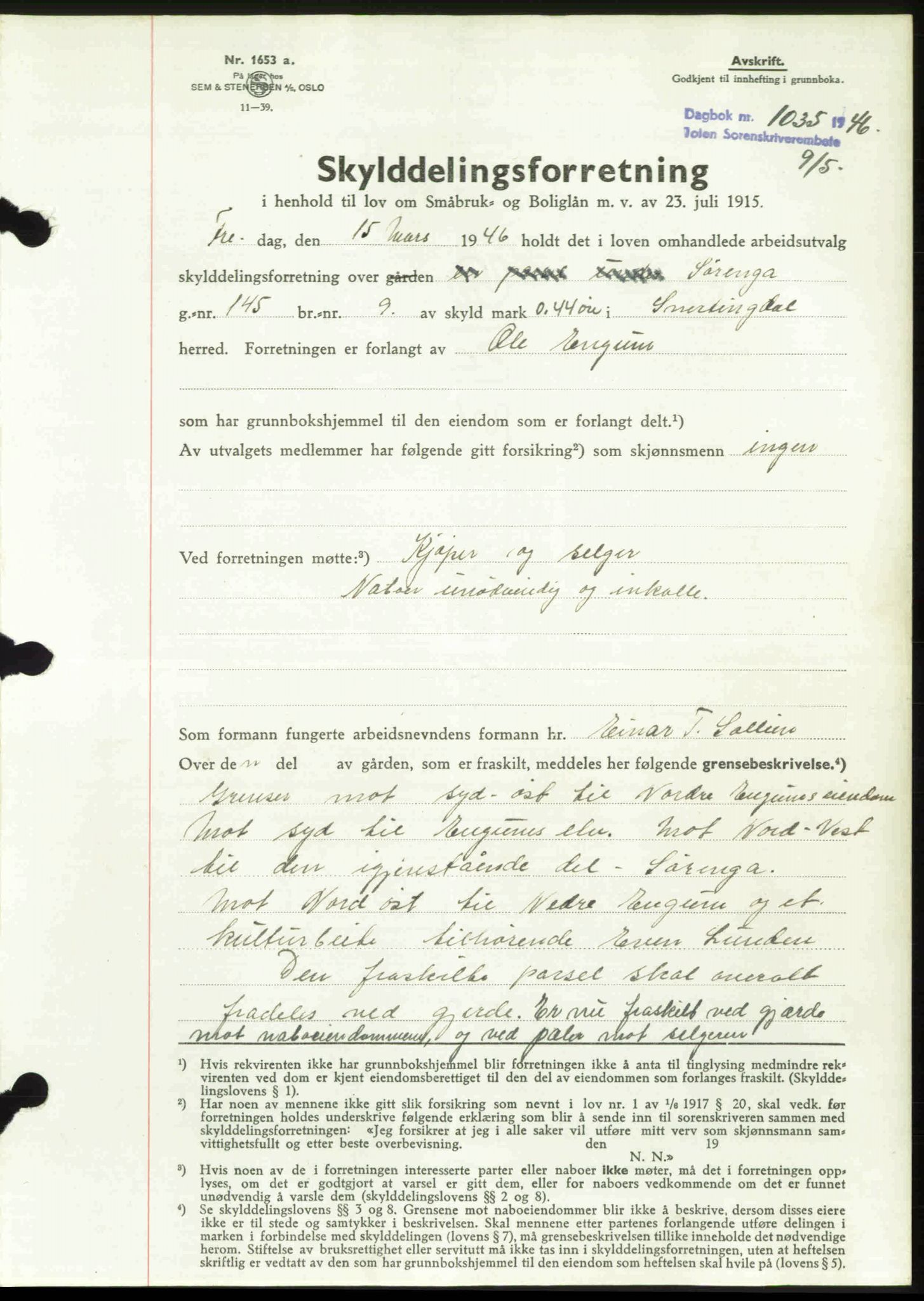 Toten tingrett, AV/SAH-TING-006/H/Hb/Hbc/L0014: Mortgage book no. Hbc-14, 1946-1946, Diary no: : 1035/1946