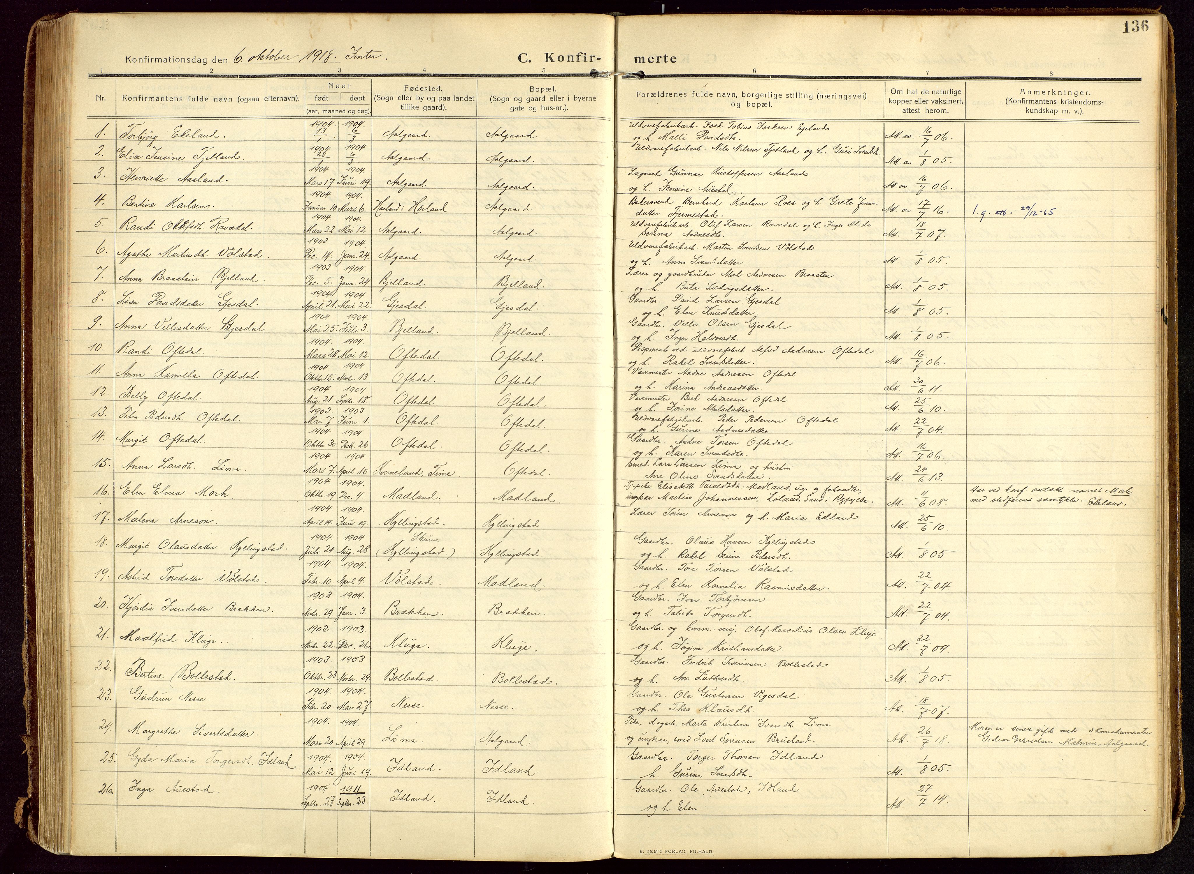 Lye sokneprestkontor, AV/SAST-A-101794/002/B/L0001: Parish register (official) no. A 13, 1910-1925, p. 136