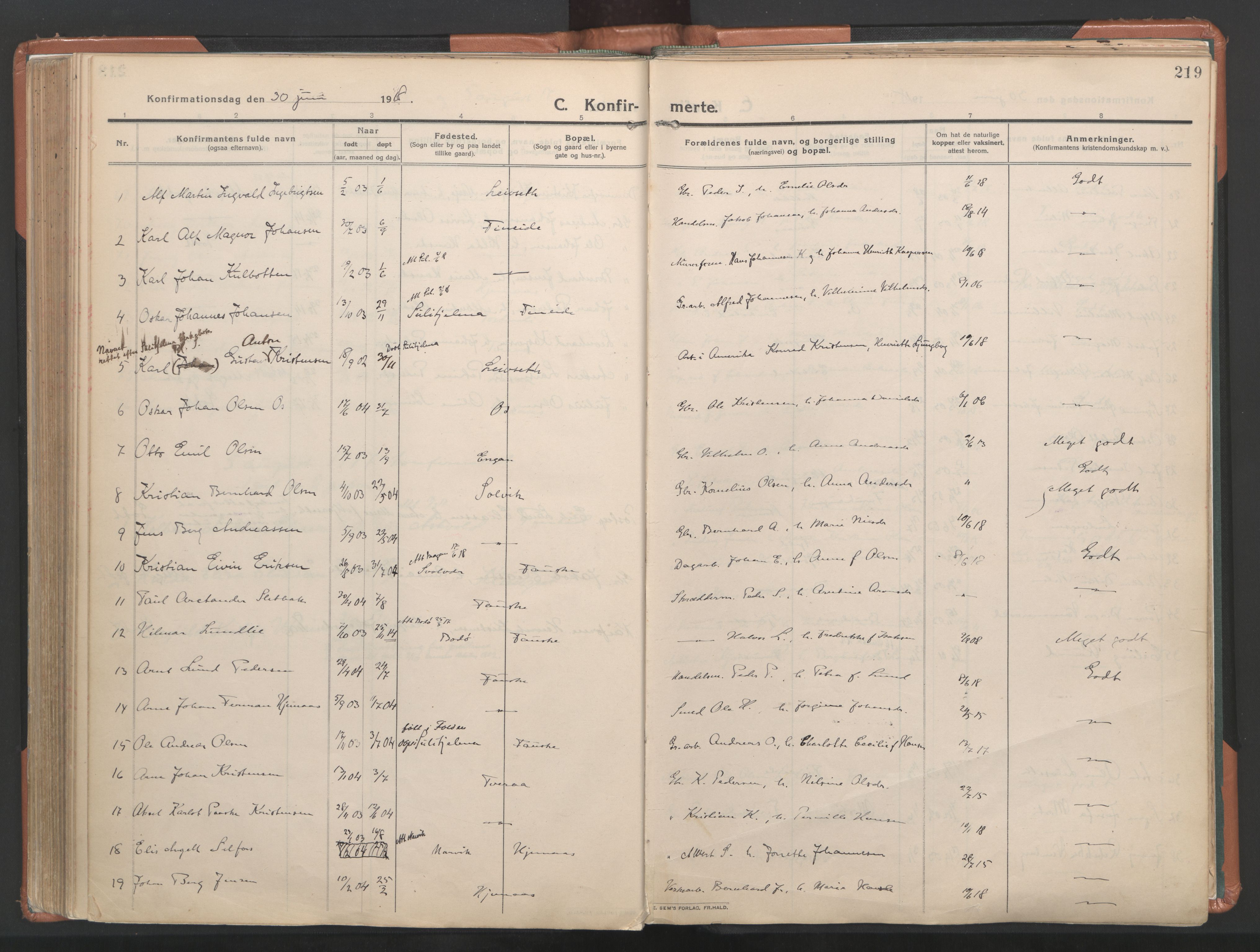 Ministerialprotokoller, klokkerbøker og fødselsregistre - Nordland, SAT/A-1459/849/L0698: Parish register (official) no. 849A09, 1911-1924, p. 219