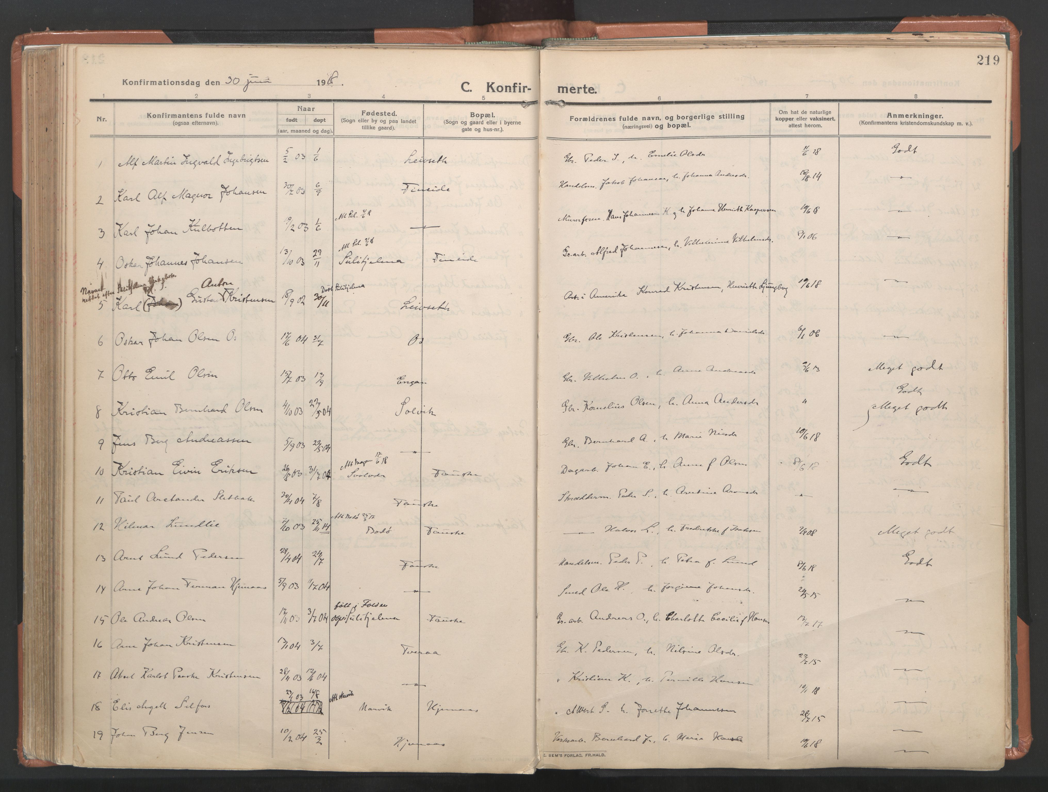 Ministerialprotokoller, klokkerbøker og fødselsregistre - Nordland, AV/SAT-A-1459/849/L0698: Parish register (official) no. 849A09, 1911-1924, p. 219