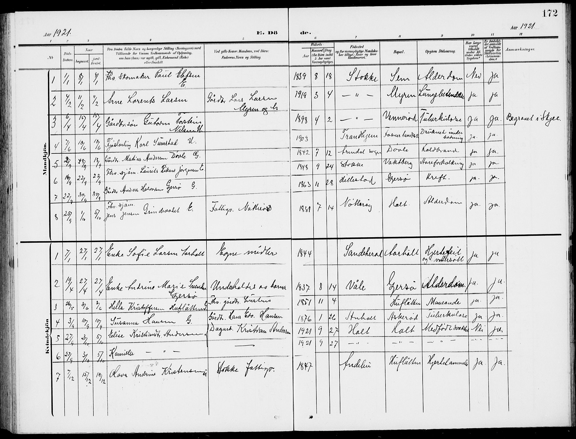 Stokke kirkebøker, AV/SAKO-A-320/G/Gc/L0001: Parish register (copy) no. III 1, 1904-1935, p. 172