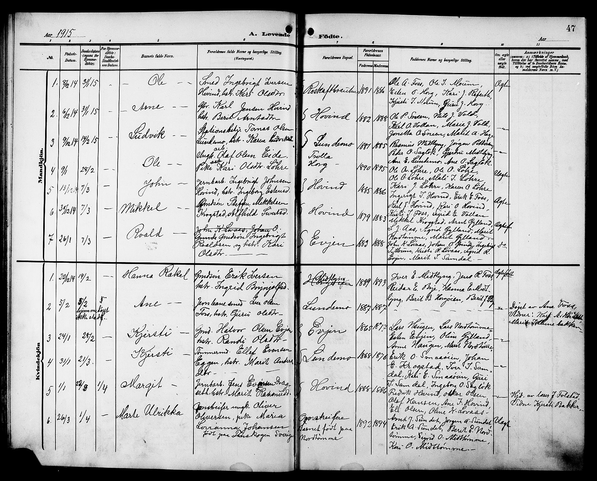 Ministerialprotokoller, klokkerbøker og fødselsregistre - Sør-Trøndelag, SAT/A-1456/692/L1112: Parish register (copy) no. 692C07, 1904-1918, p. 47