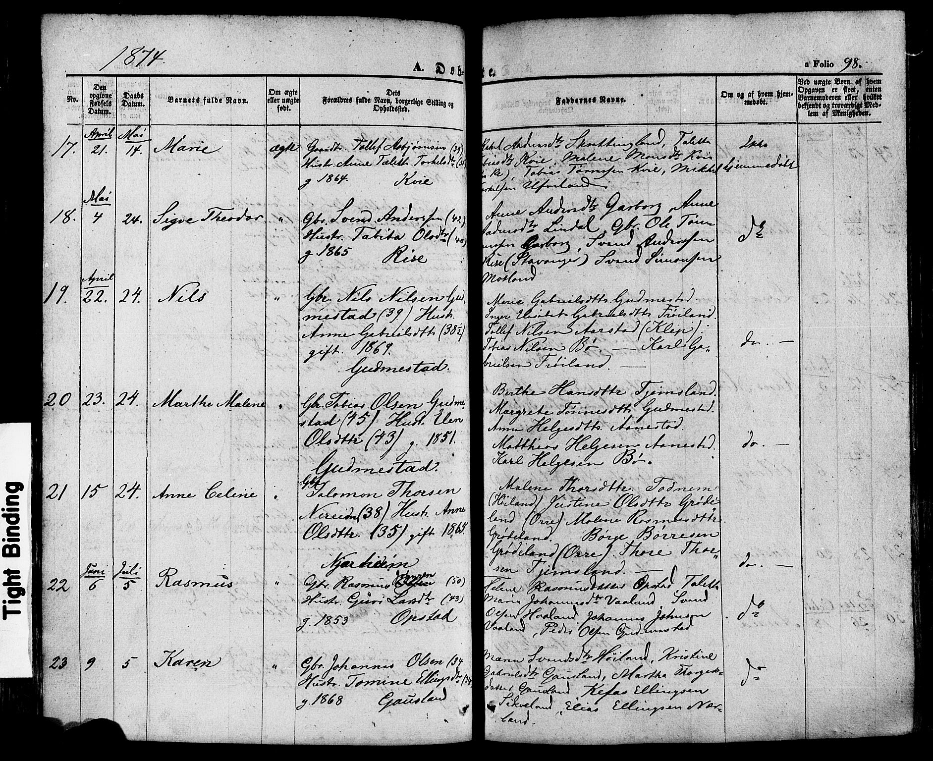 Hå sokneprestkontor, AV/SAST-A-101801/001/30BA/L0008: Parish register (official) no. A 7, 1853-1878, p. 98