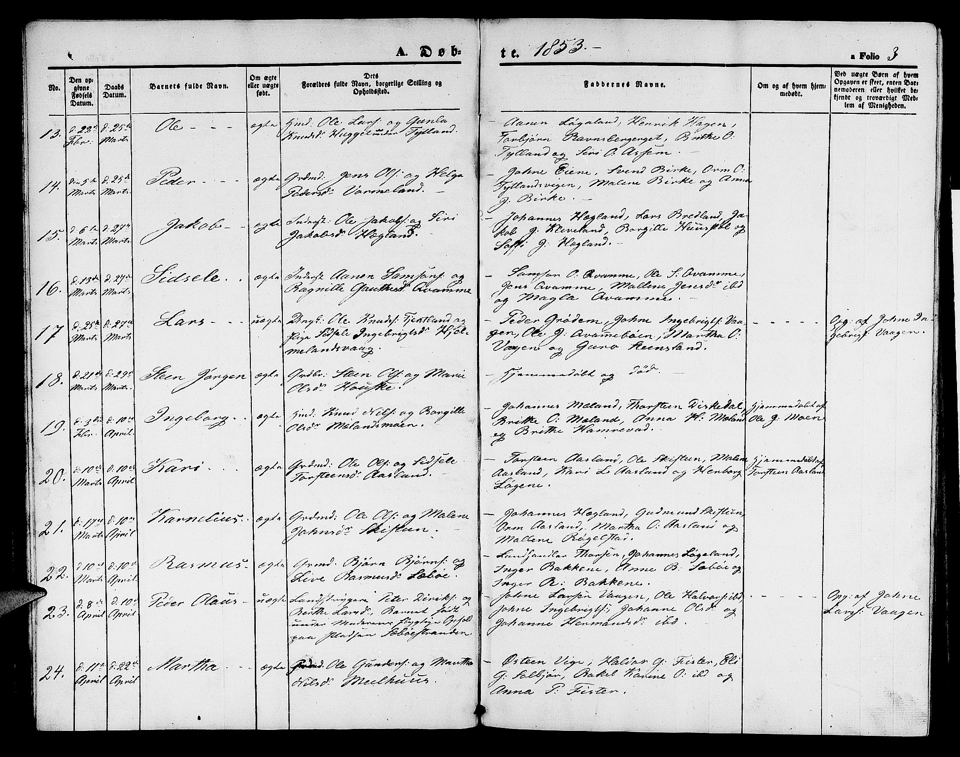 Hjelmeland sokneprestkontor, AV/SAST-A-101843/01/V/L0004: Parish register (copy) no. B 4, 1853-1883, p. 3