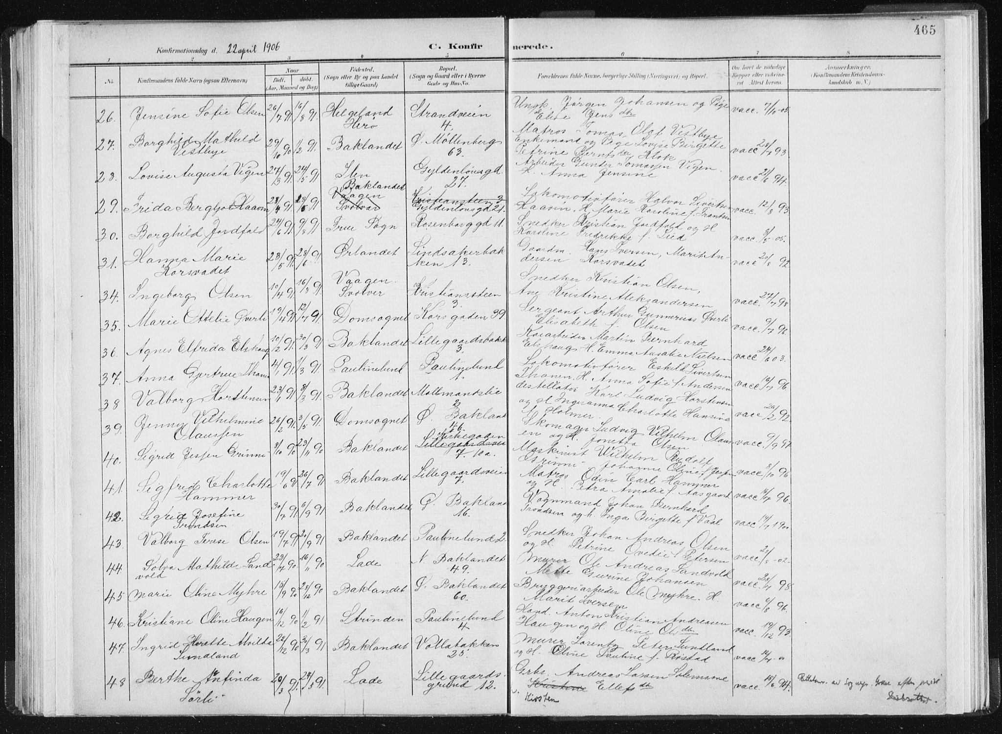 Ministerialprotokoller, klokkerbøker og fødselsregistre - Sør-Trøndelag, AV/SAT-A-1456/604/L0200: Parish register (official) no. 604A20II, 1901-1908, p. 465