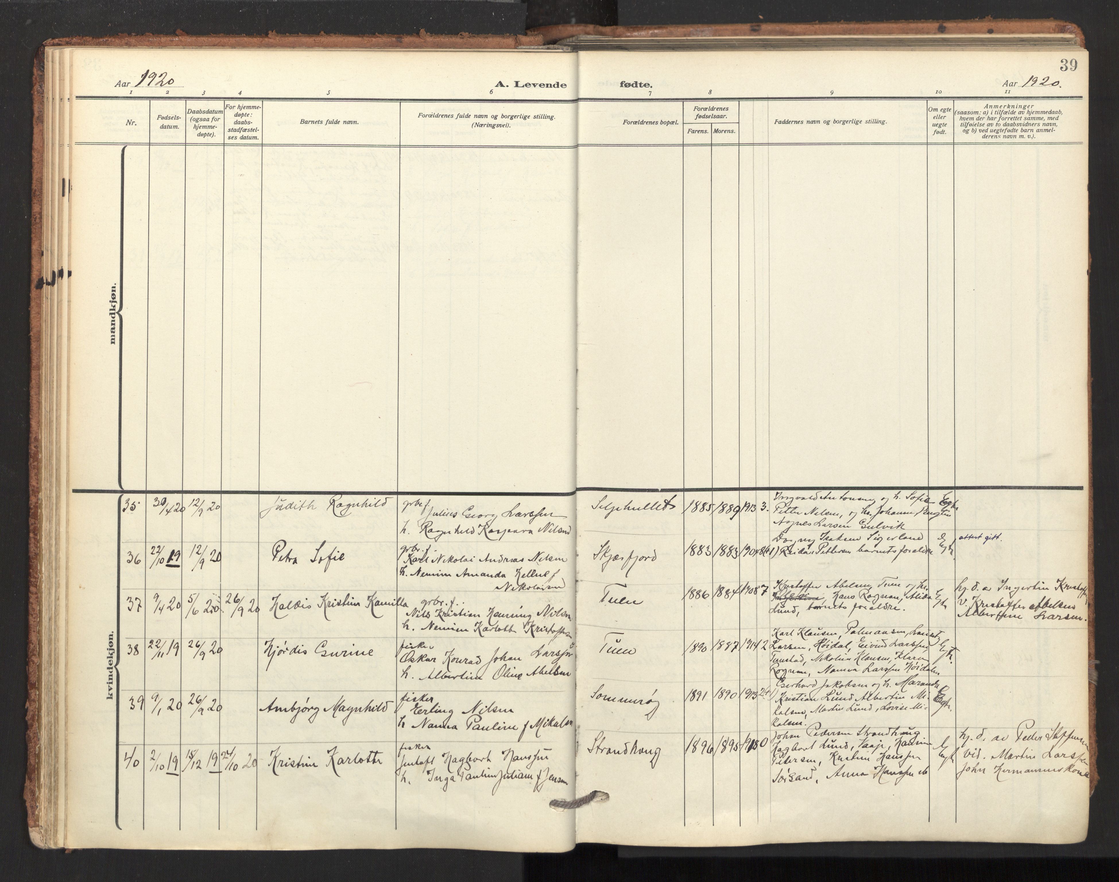 Ministerialprotokoller, klokkerbøker og fødselsregistre - Nordland, AV/SAT-A-1459/893/L1343: Parish register (official) no. 893A15, 1914-1928, p. 39