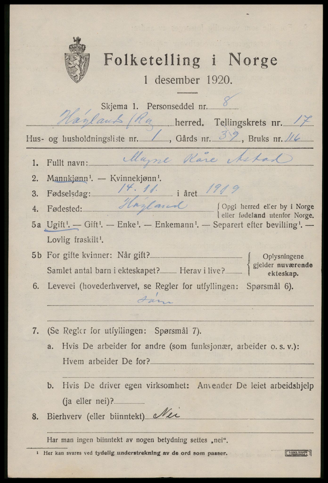 SAST, 1920 census for Høyland, 1920, p. 15614