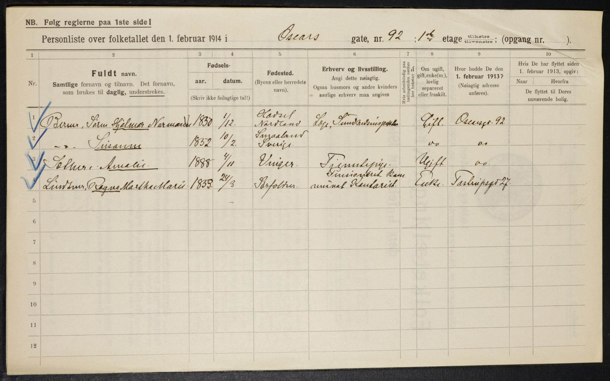 OBA, Municipal Census 1914 for Kristiania, 1914, p. 77007