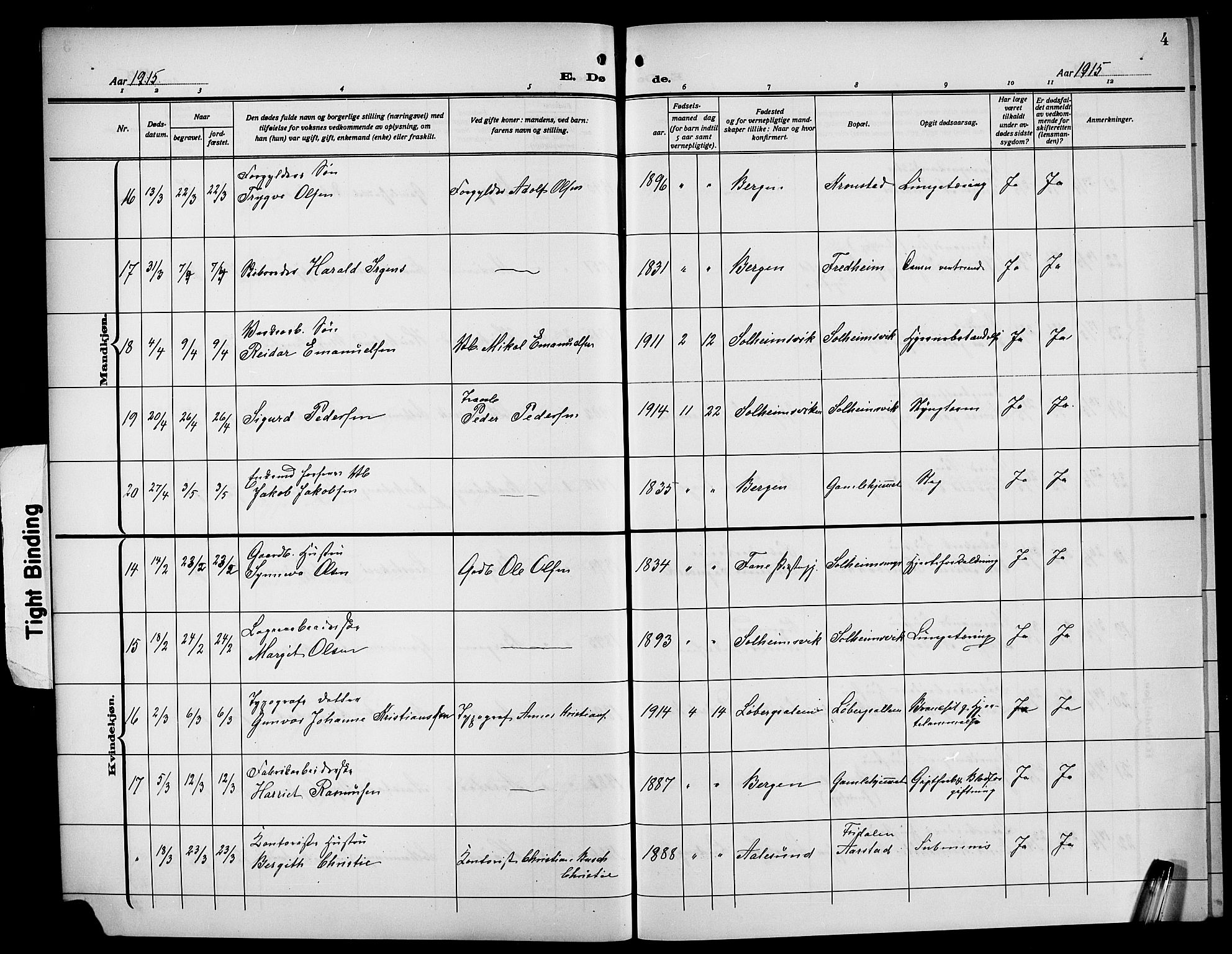 Årstad Sokneprestembete, AV/SAB-A-79301/H/Hab/L0024: Parish register (copy) no. D 1, 1915-1922, p. 4