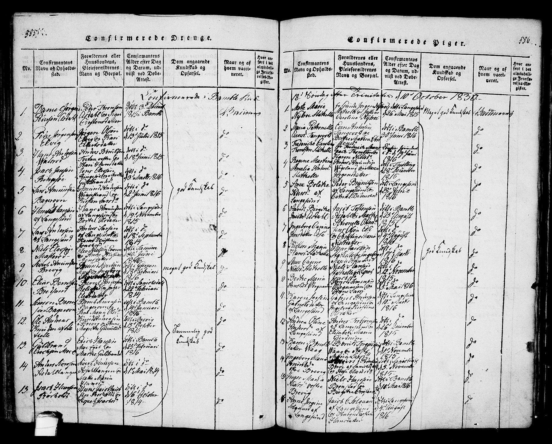 Bamble kirkebøker, AV/SAKO-A-253/F/Fa/L0003: Parish register (official) no. I 3 /1, 1814-1834, p. 555-556