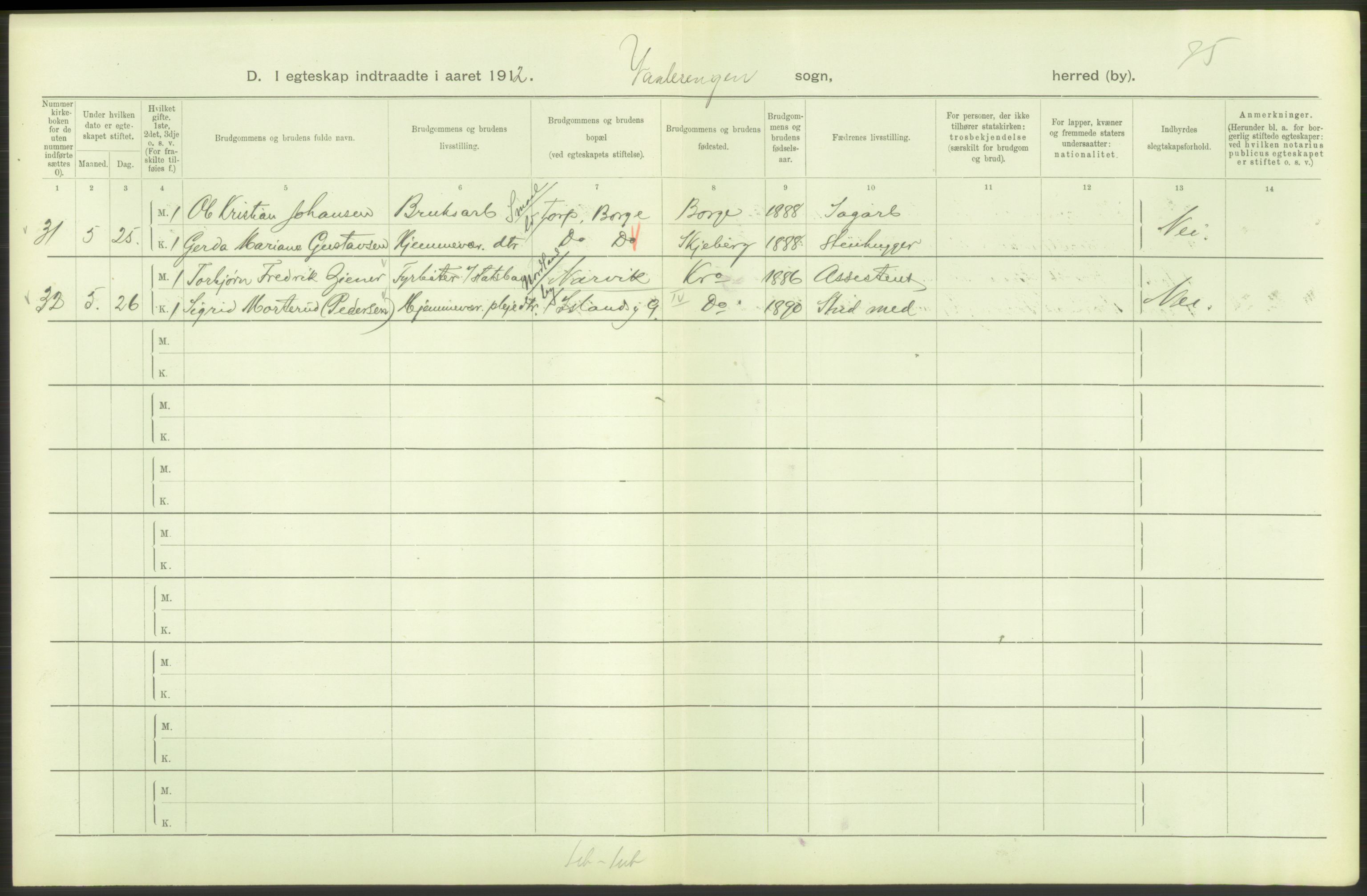 Statistisk sentralbyrå, Sosiodemografiske emner, Befolkning, AV/RA-S-2228/D/Df/Dfb/Dfbb/L0008: Kristiania: Gifte, 1912, p. 132