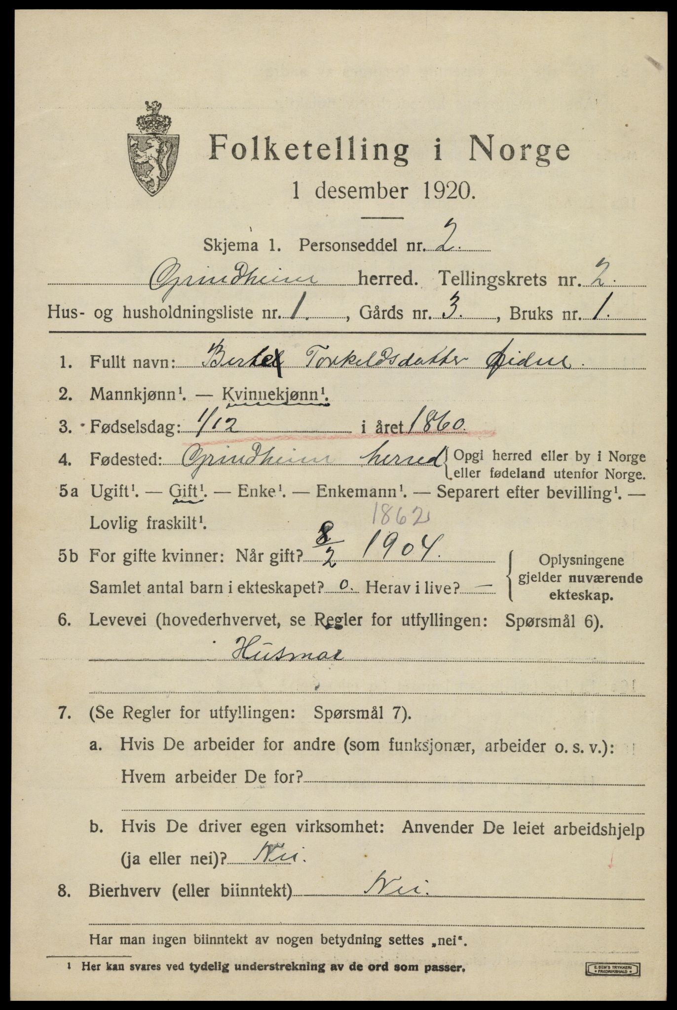 SAK, 1920 census for Grindheim, 1920, p. 565