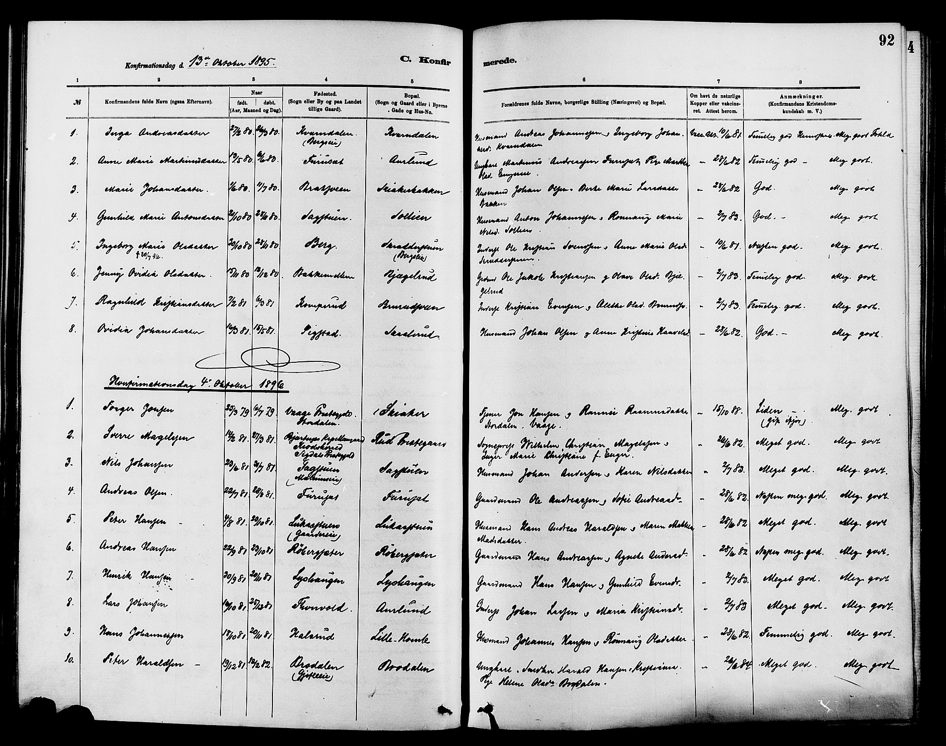 Nordre Land prestekontor, SAH/PREST-124/H/Ha/Haa/L0003: Parish register (official) no. 3, 1882-1896, p. 92