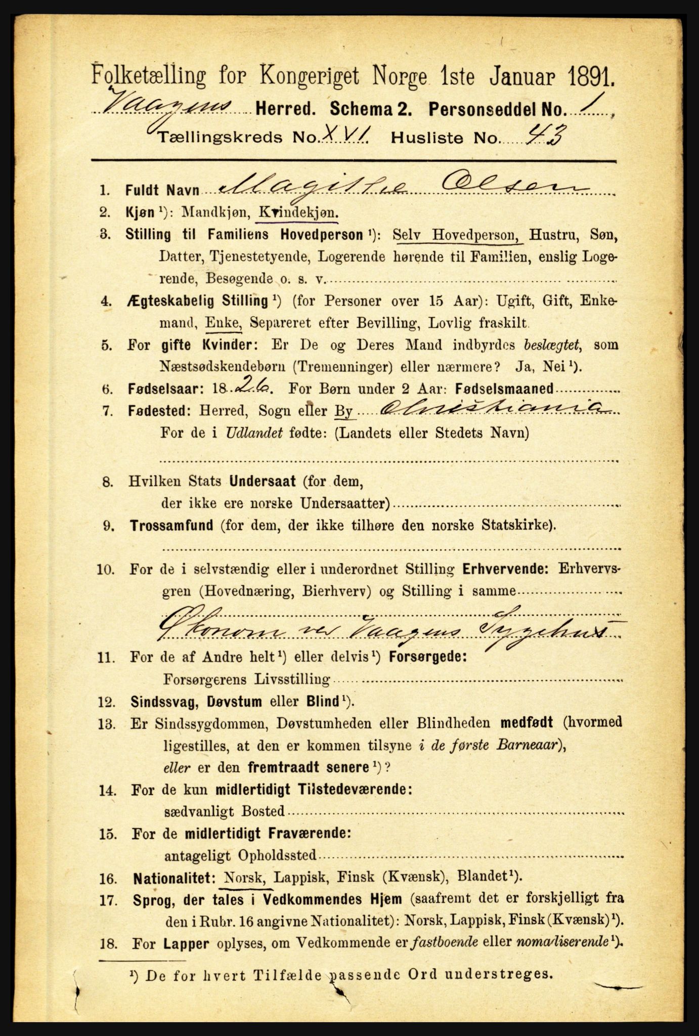 RA, 1891 census for 1865 Vågan, 1891, p. 4844