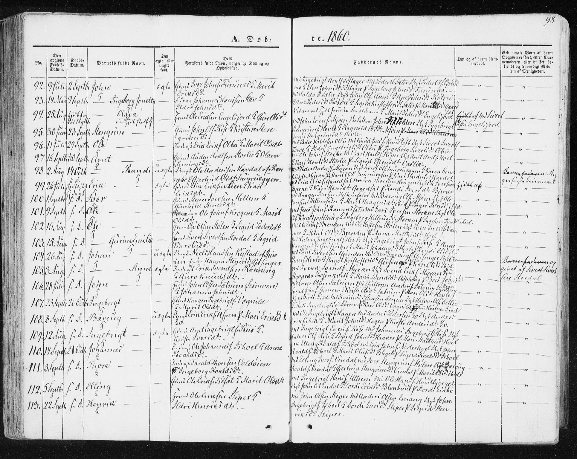 Ministerialprotokoller, klokkerbøker og fødselsregistre - Sør-Trøndelag, SAT/A-1456/678/L0899: Parish register (official) no. 678A08, 1848-1872, p. 98