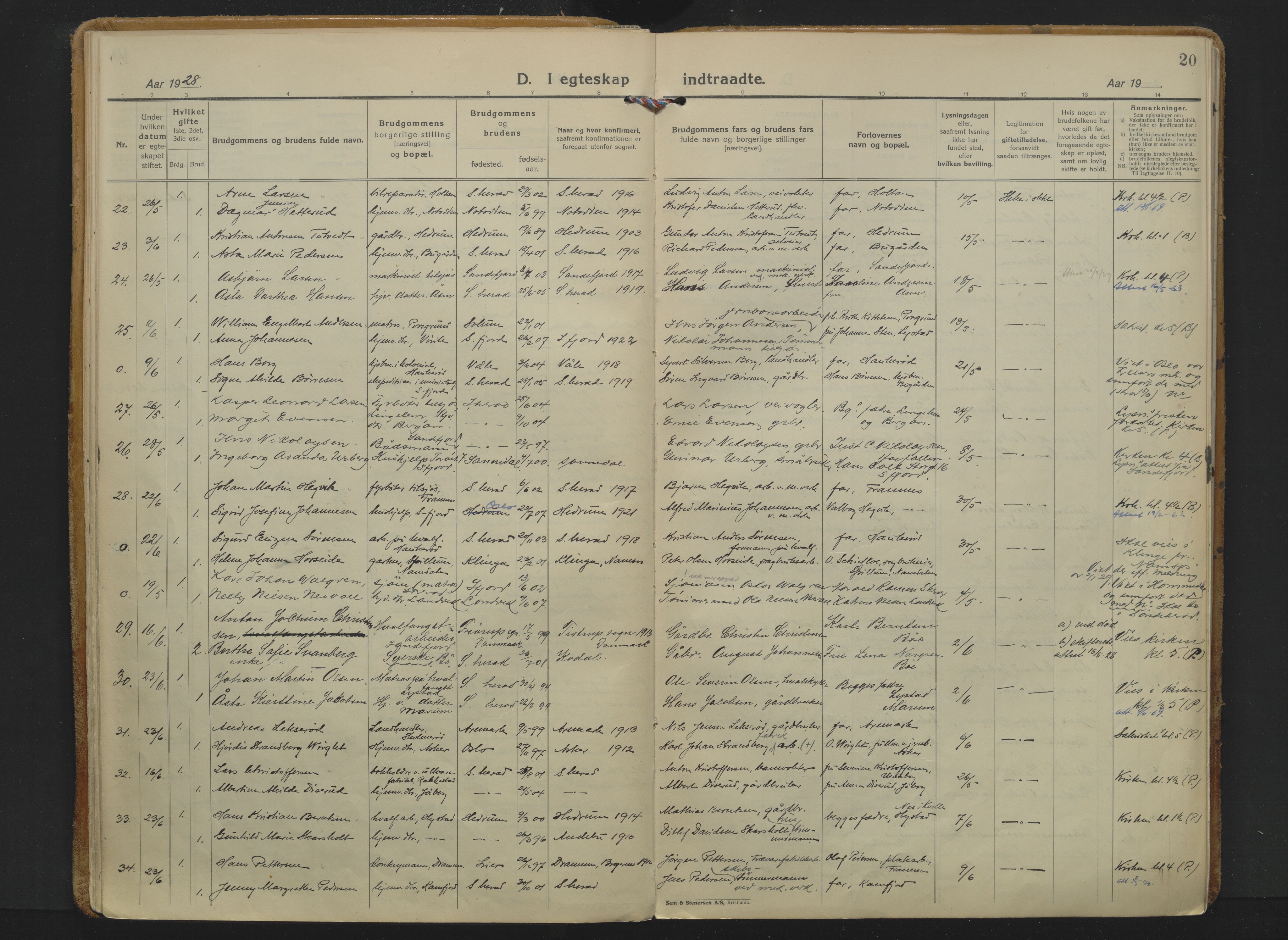 Sandar kirkebøker, SAKO/A-243/F/Fa/L0023: Parish register (official) no. 23, 1924-1932, p. 20