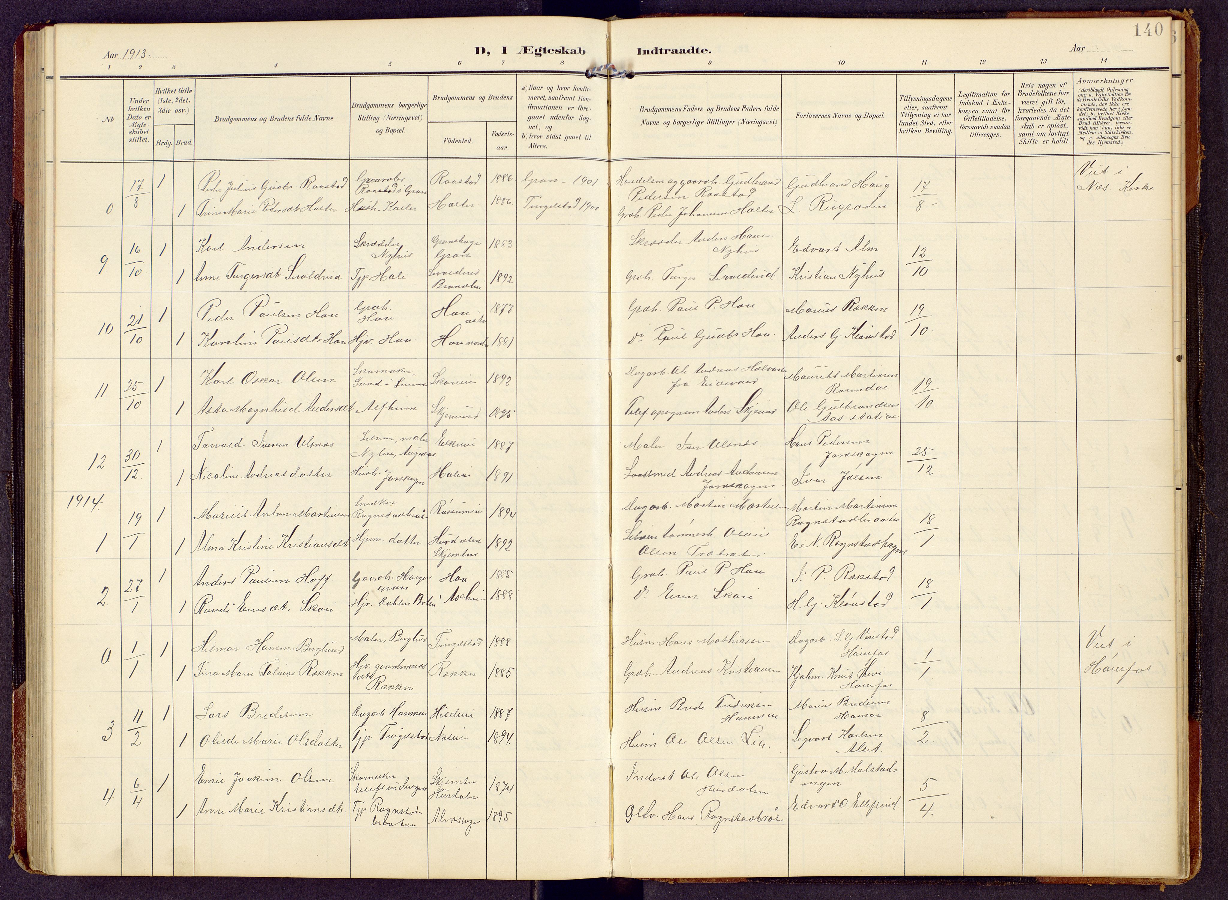 Brandbu prestekontor, SAH/PREST-114/H/Ha/Hab/L0009: Parish register (copy) no. 9, 1903-1916, p. 140