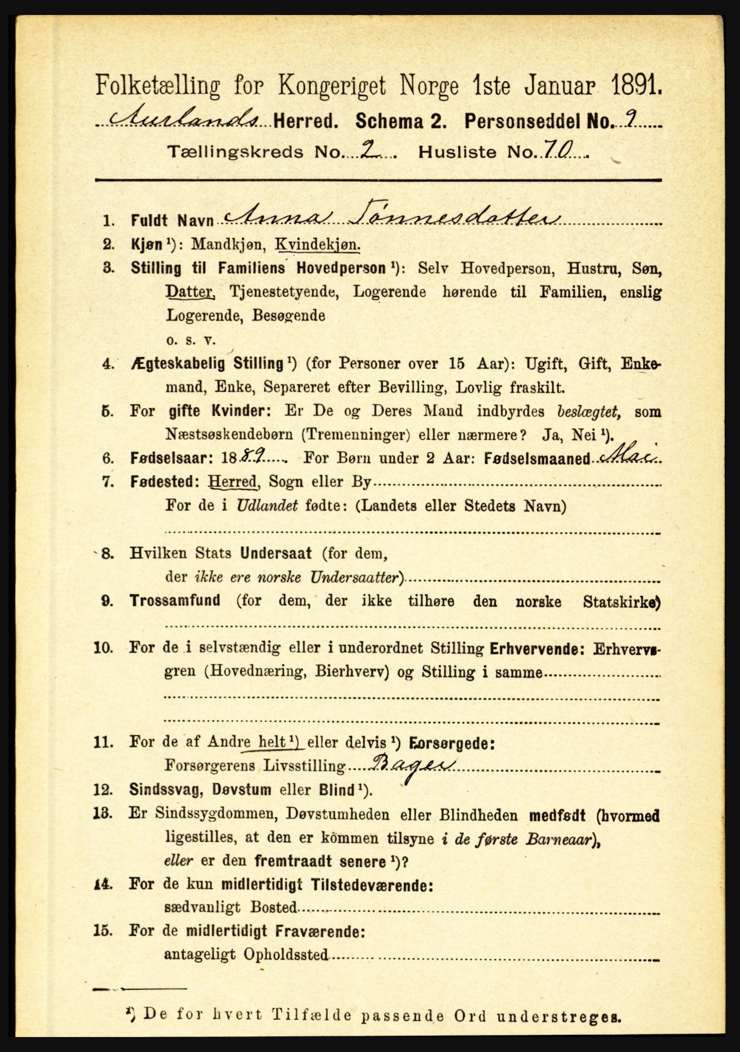 RA, 1891 census for 1421 Aurland, 1891, p. 873