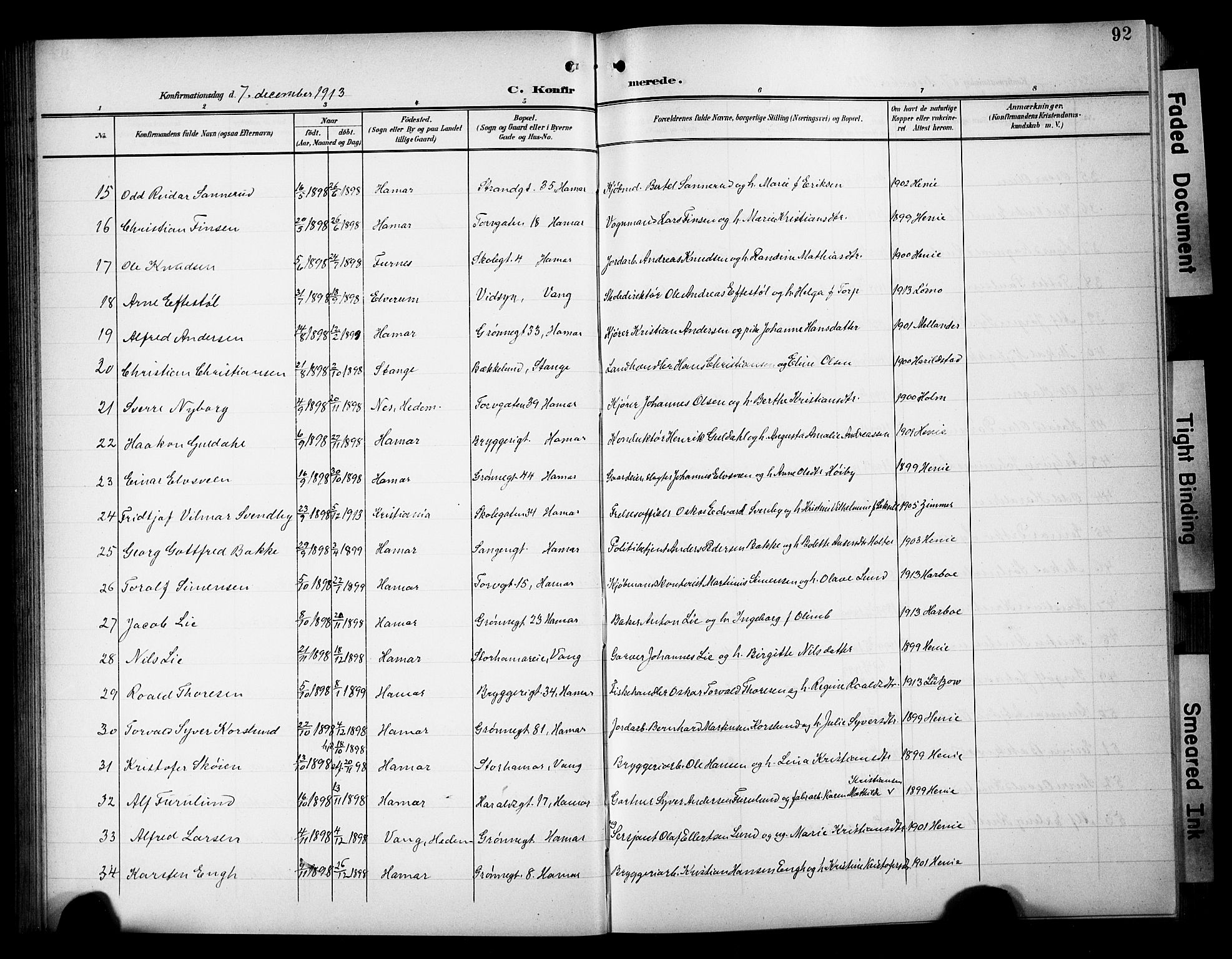 Hamar prestekontor, AV/SAH-DOMPH-002/H/Ha/Hab/L0002: Parish register (copy) no. 2, 1899-1929, p. 92