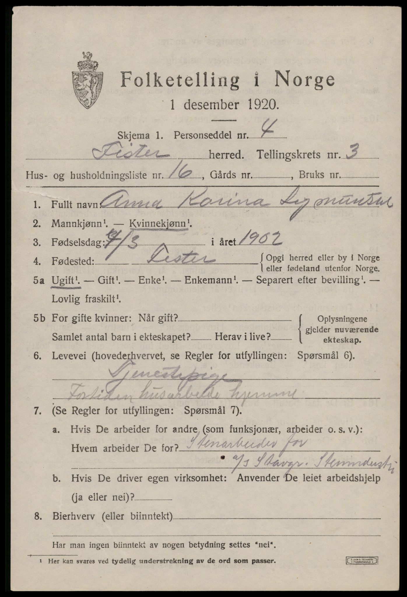 SAST, 1920 census for Fister, 1920, p. 1099