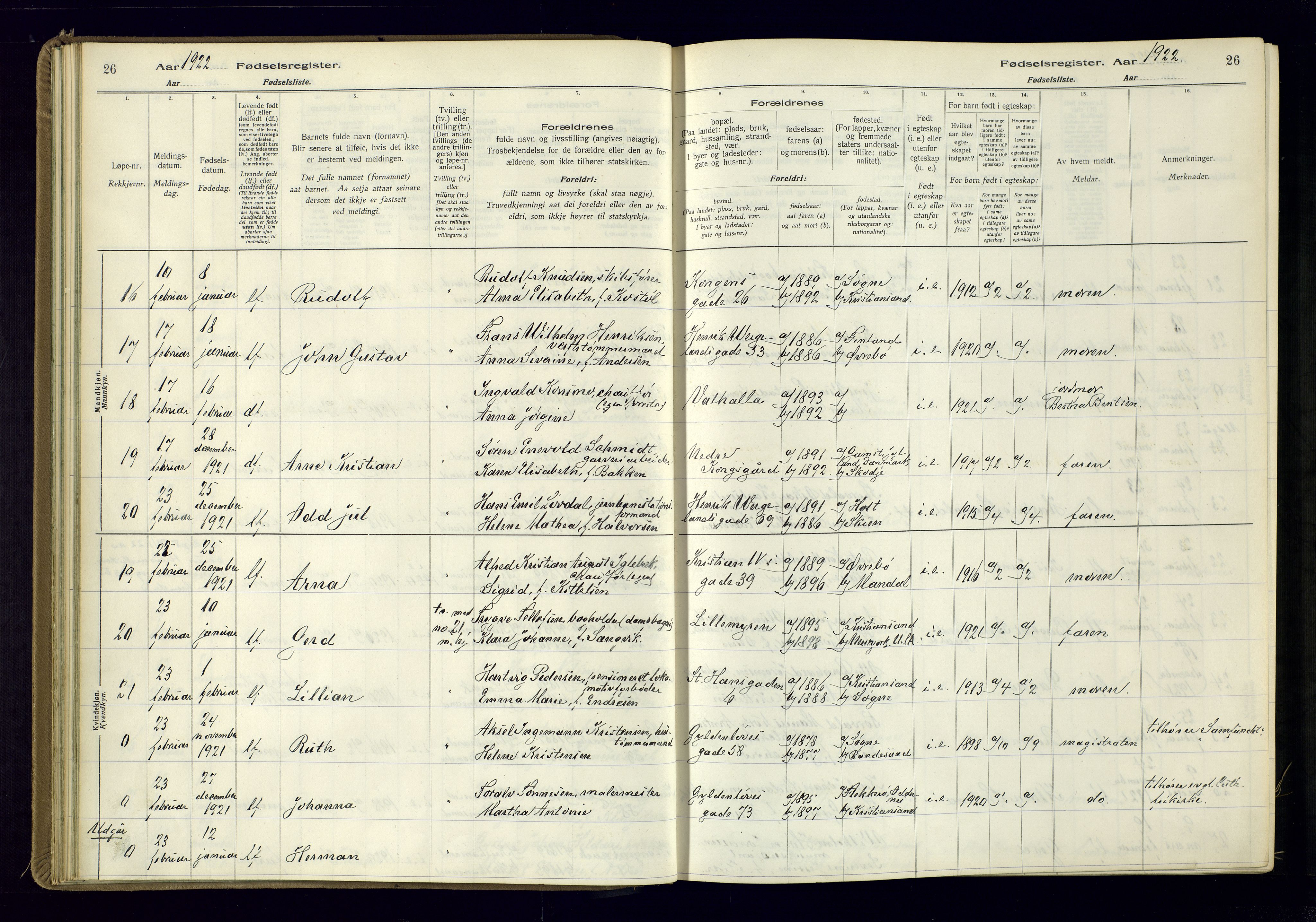 Kristiansand domprosti, AV/SAK-1112-0006/J/Jc/L0002: Birth register no. A-VI-46, 1921-1926, p. 26