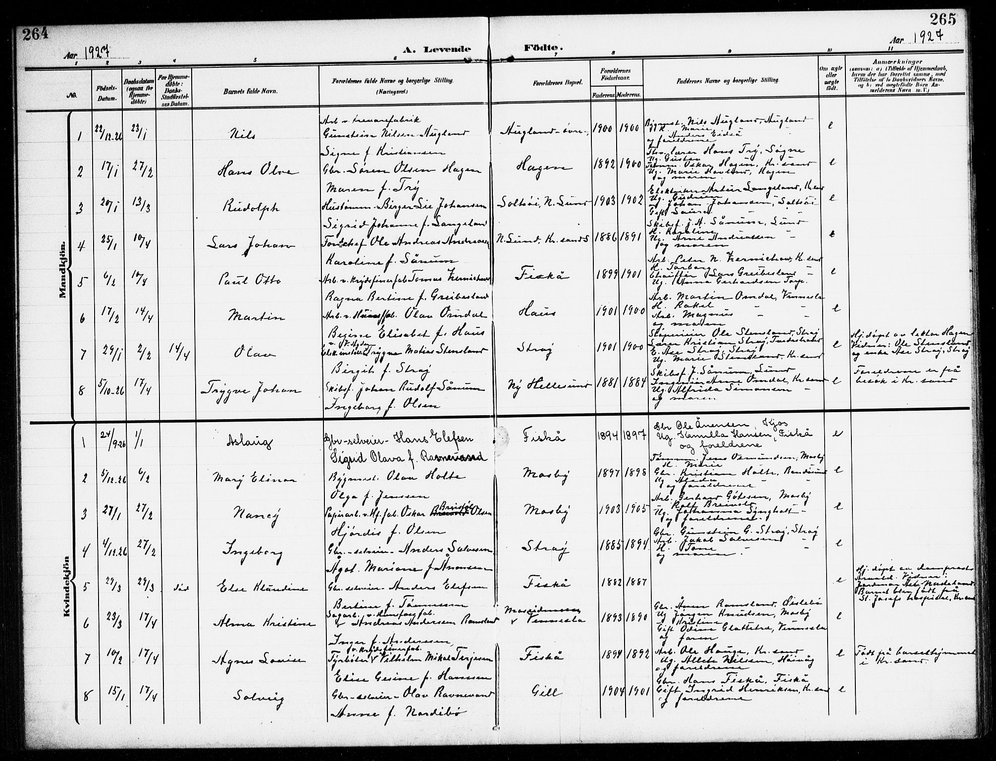 Oddernes sokneprestkontor, SAK/1111-0033/F/Fb/Fba/L0010: Parish register (copy) no. B 10, 1907-1941, p. 264-265