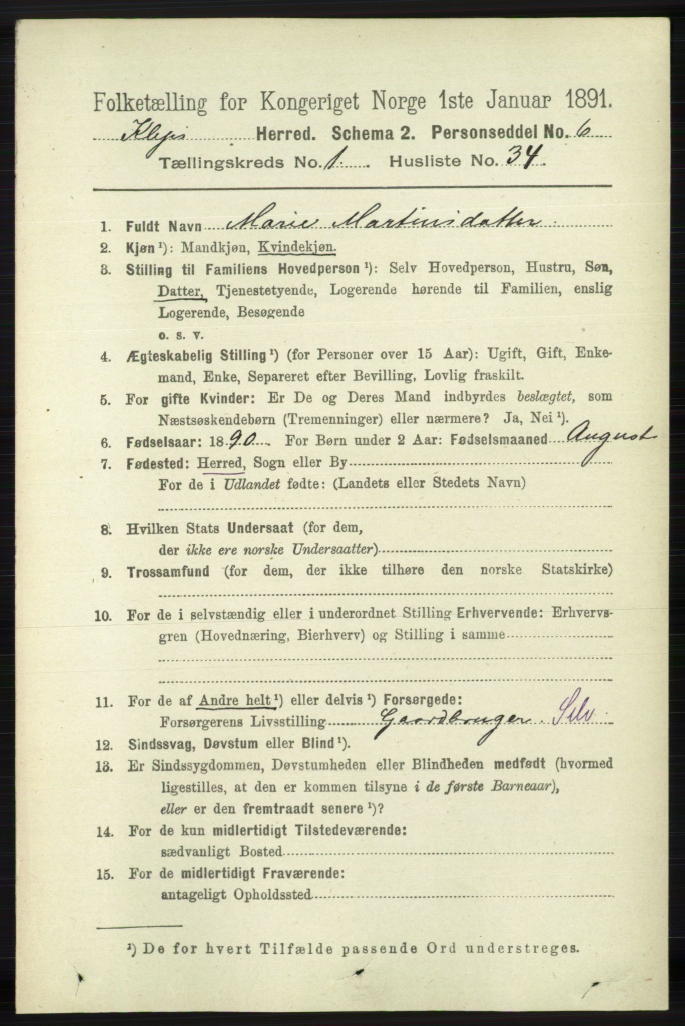 RA, 1891 census for 1120 Klepp, 1891, p. 294