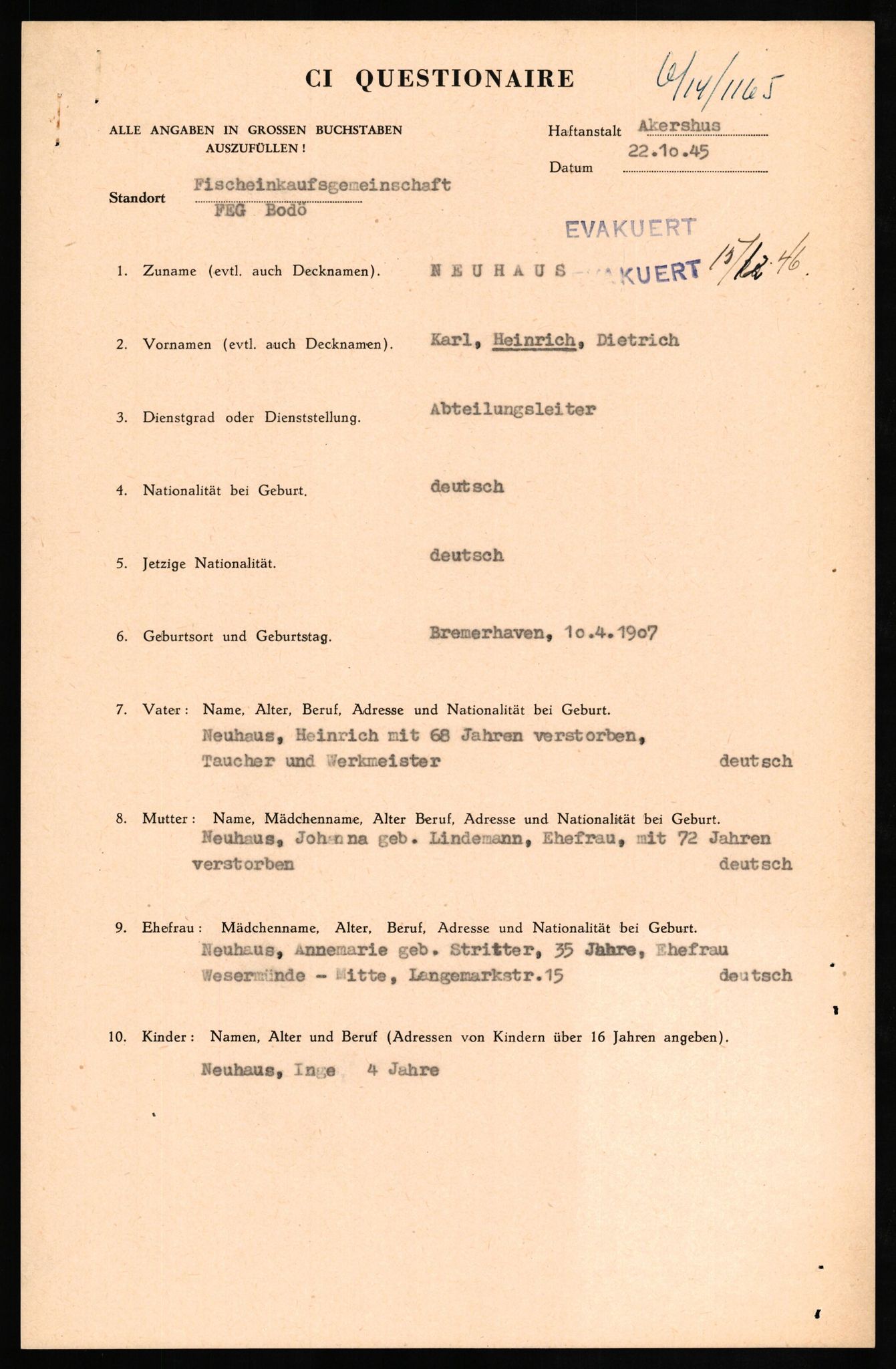 Forsvaret, Forsvarets overkommando II, AV/RA-RAFA-3915/D/Db/L0024: CI Questionaires. Tyske okkupasjonsstyrker i Norge. Tyskere., 1945-1946, p. 20